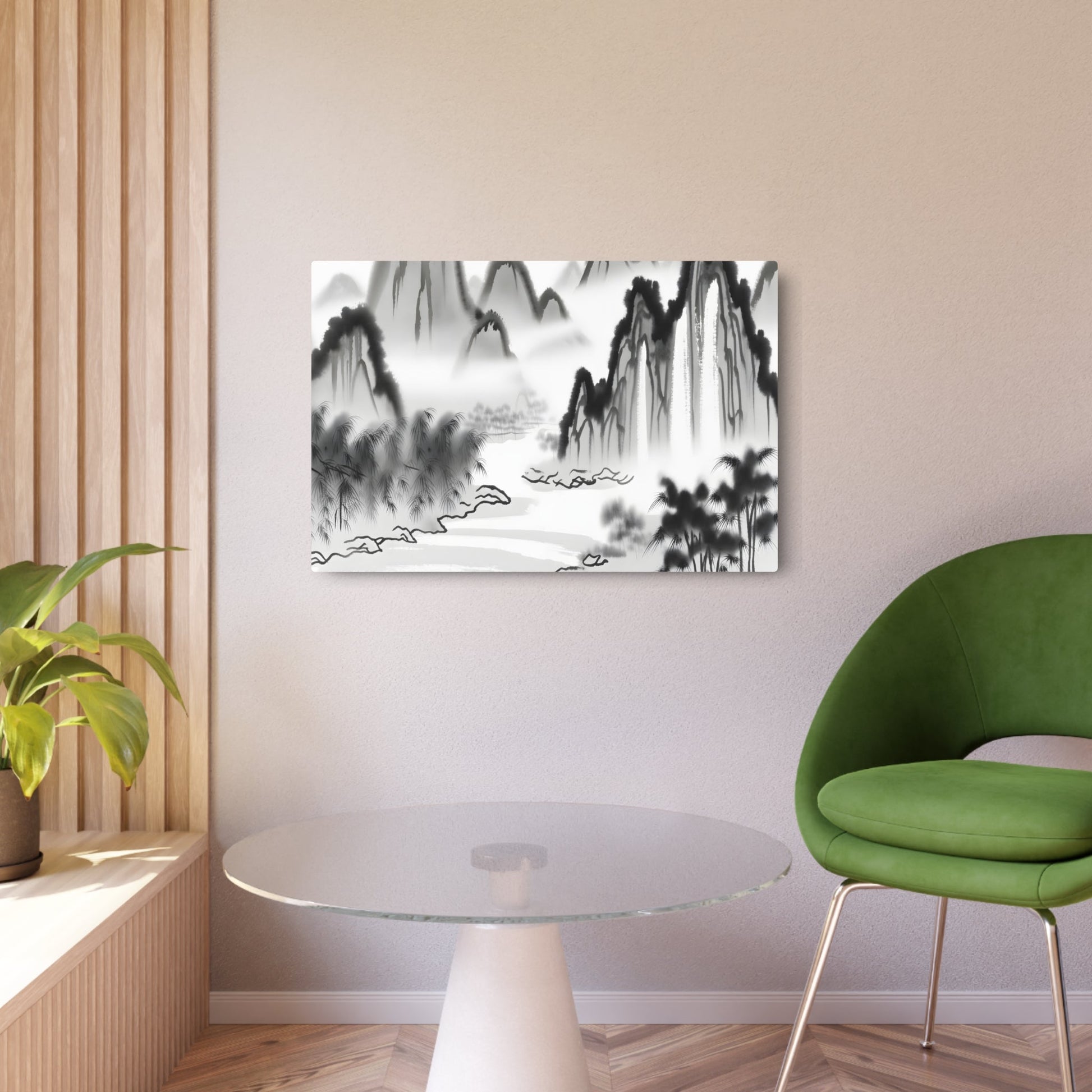 Metal Poster Art | "Traditional Chinese Landscape Artwork Featuring Mountains, Rivers, and Waterfalls - Asian Art Styles Collection" - Metal Poster Art 36″ x 24″ (Horizontal) 0.12''