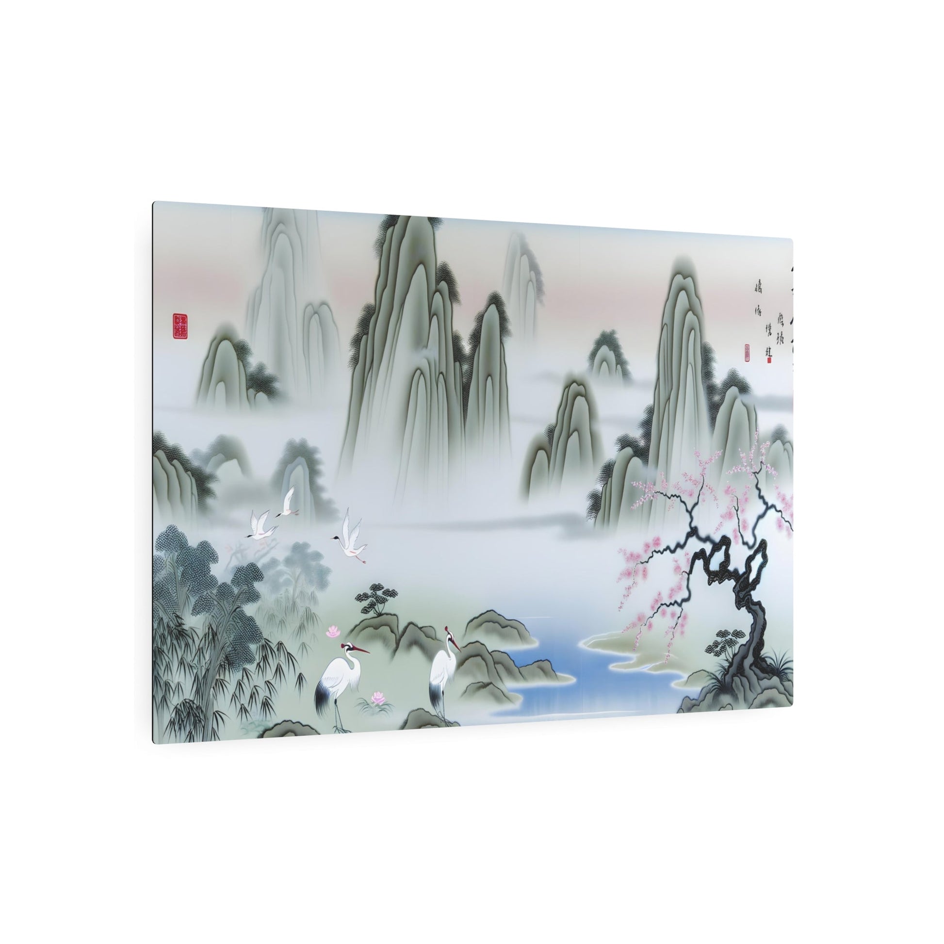 Metal Poster Art | "Traditional Chinese Silk Painting of Serene Landscape with White Cranes, Cherry Blossom Tree & Misty Mountains - Asian Art Styles" - Metal Poster Art 36″ x 24″ (Horizontal) 0.12''