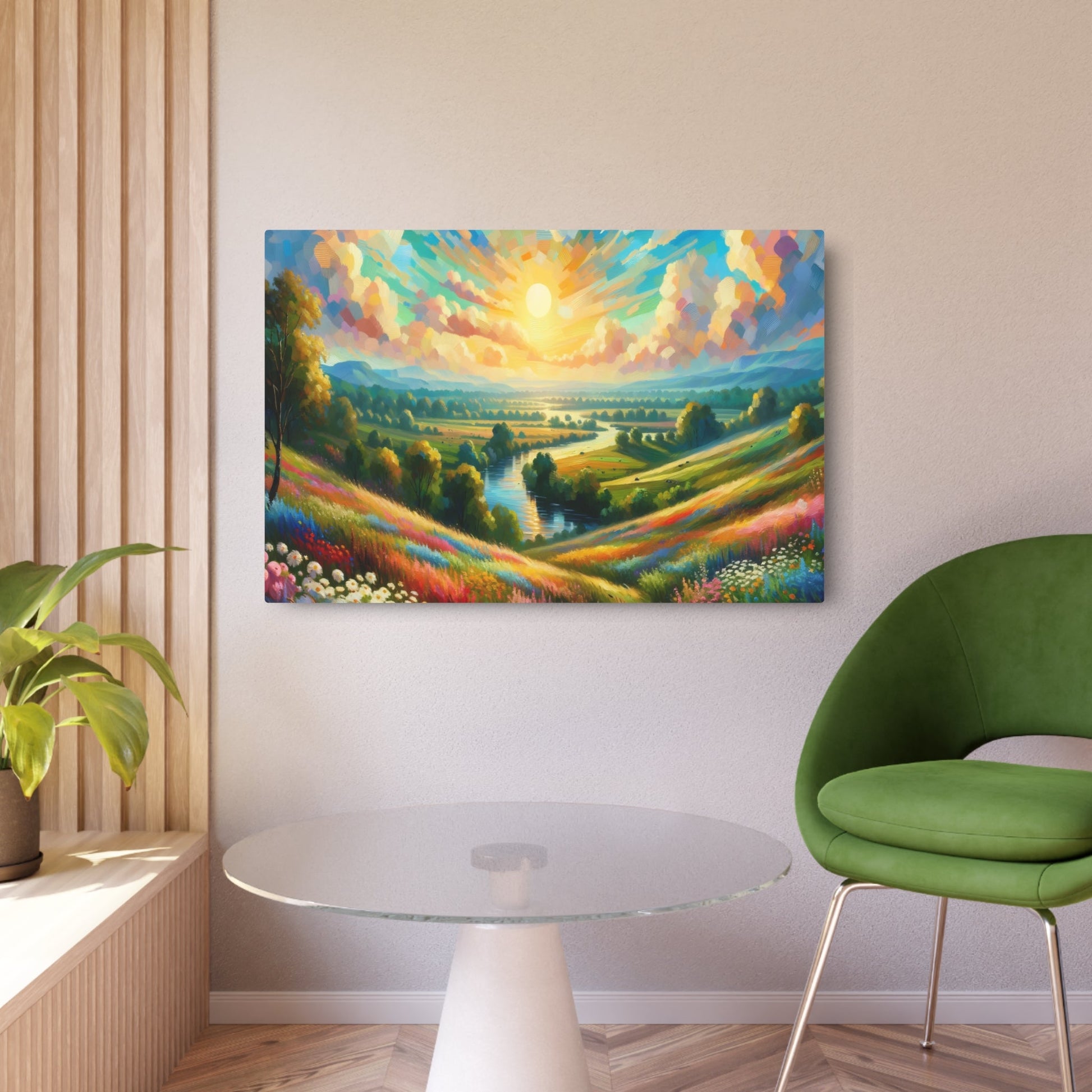 Metal Poster Art | "Impressionist Art Countryside Landscape - Vibrant Western Art Styles - Scenic Meadow, River & Sunset Scene" - Metal Poster Art 36″ x 24″ (Horizontal) 0.12''