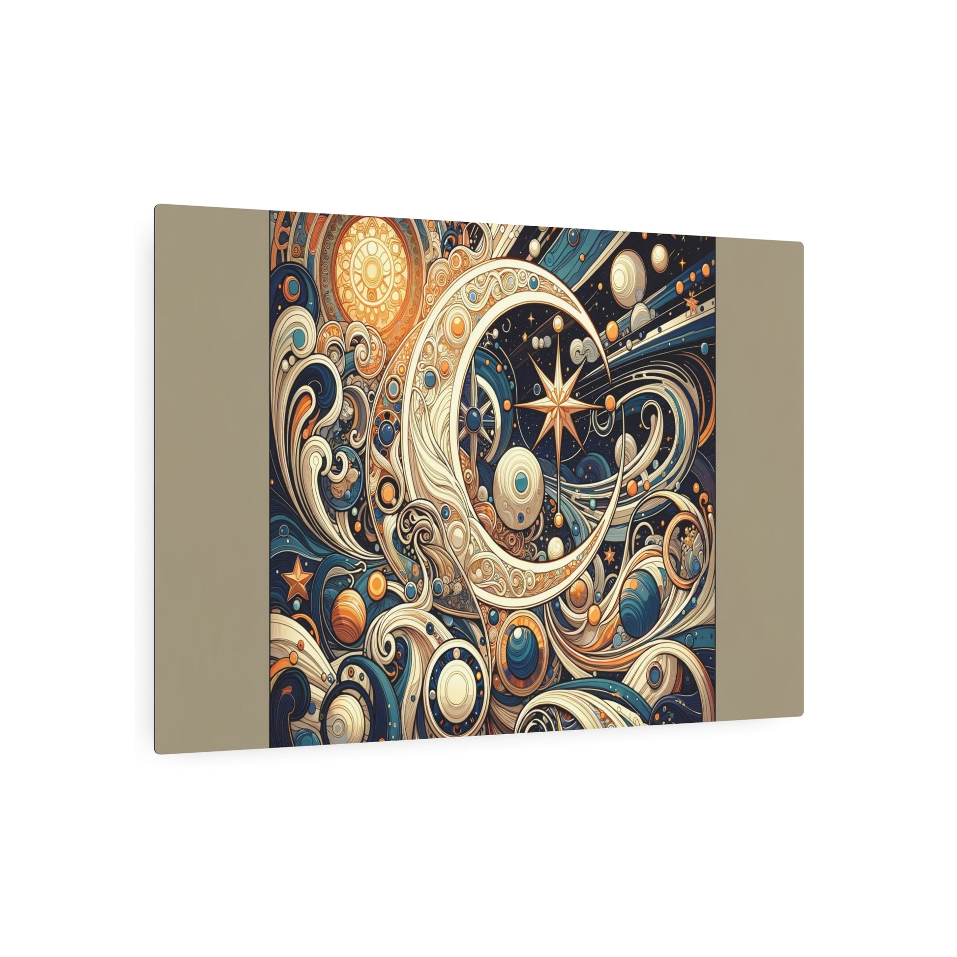 Metal Poster Art | "Art Nouveau Celestial Body Themed Illustration - Vibrant Western Art Style with Crescent Moons, Stars, Planets and Comets in - Metal Poster Art 36″ x 24″ (Horizontal) 0.12''