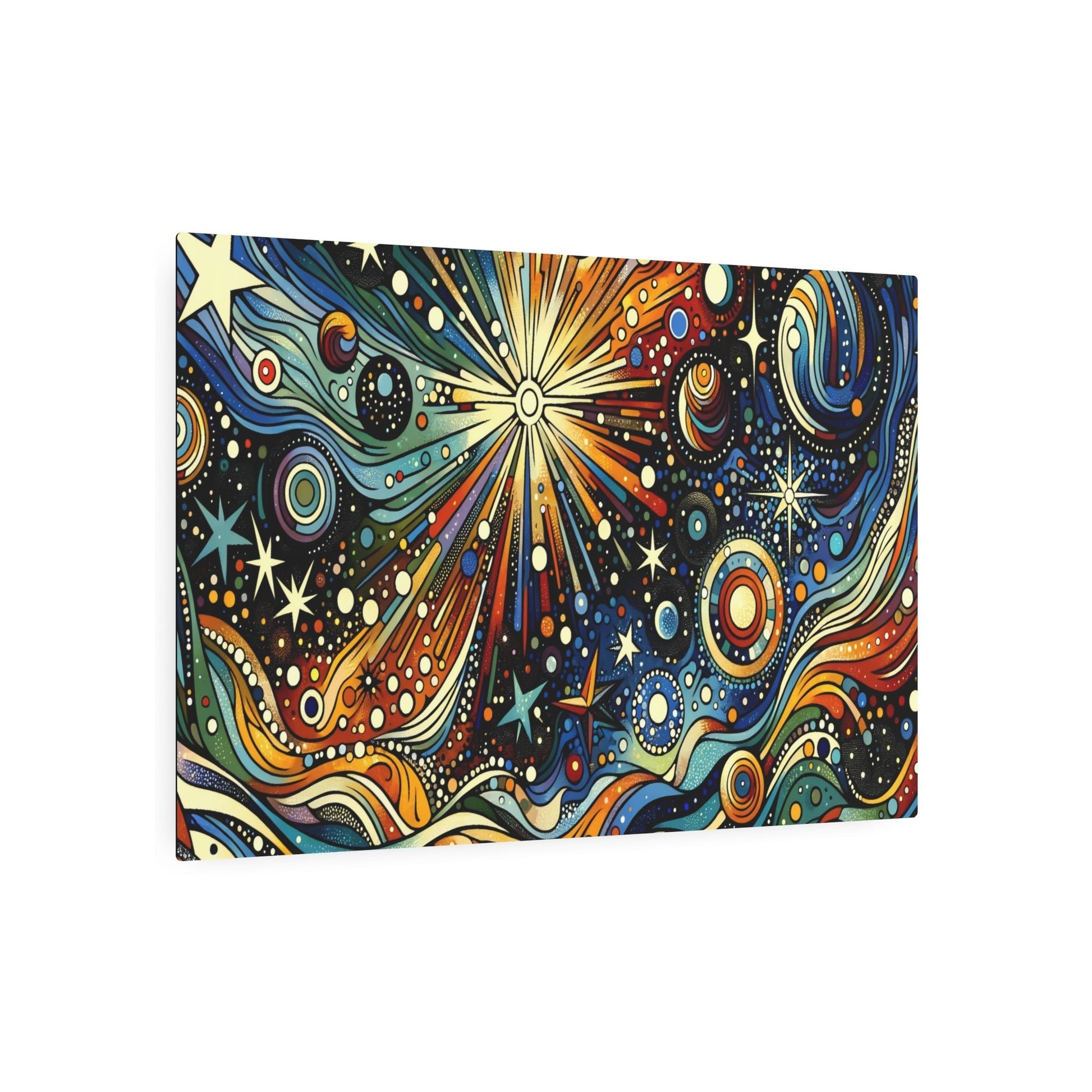 Metal Poster Art | "Modern Pop Art Style Celestial Scene Canvas - Bold Contrasting Colors with Comic Strip Techniques, Stars, Planets, and Galaxies Wall Art" - Metal Poster Art 36″ x 24″ (Horizontal) 0.12''