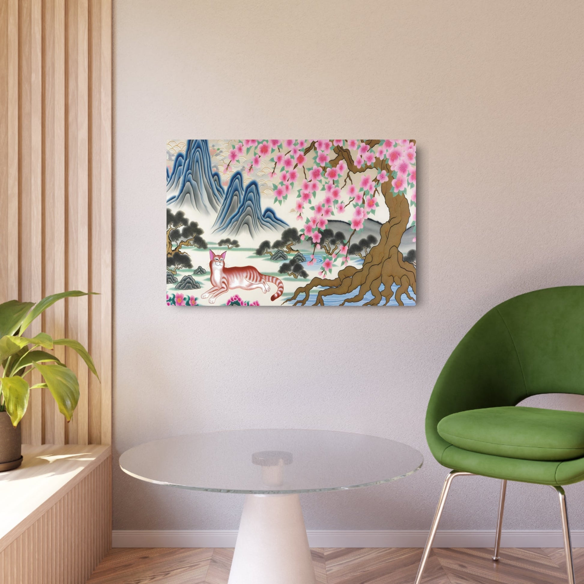 Metal Poster Art | "Traditional Chinese Silk Painting: Serene Landscape with Elegant Feline under Cherry Blossom Tree - Authentic Asian Art in Soft and Fluid Style" - Metal Poster Art 36″ x 24″ (Horizontal) 0.12''