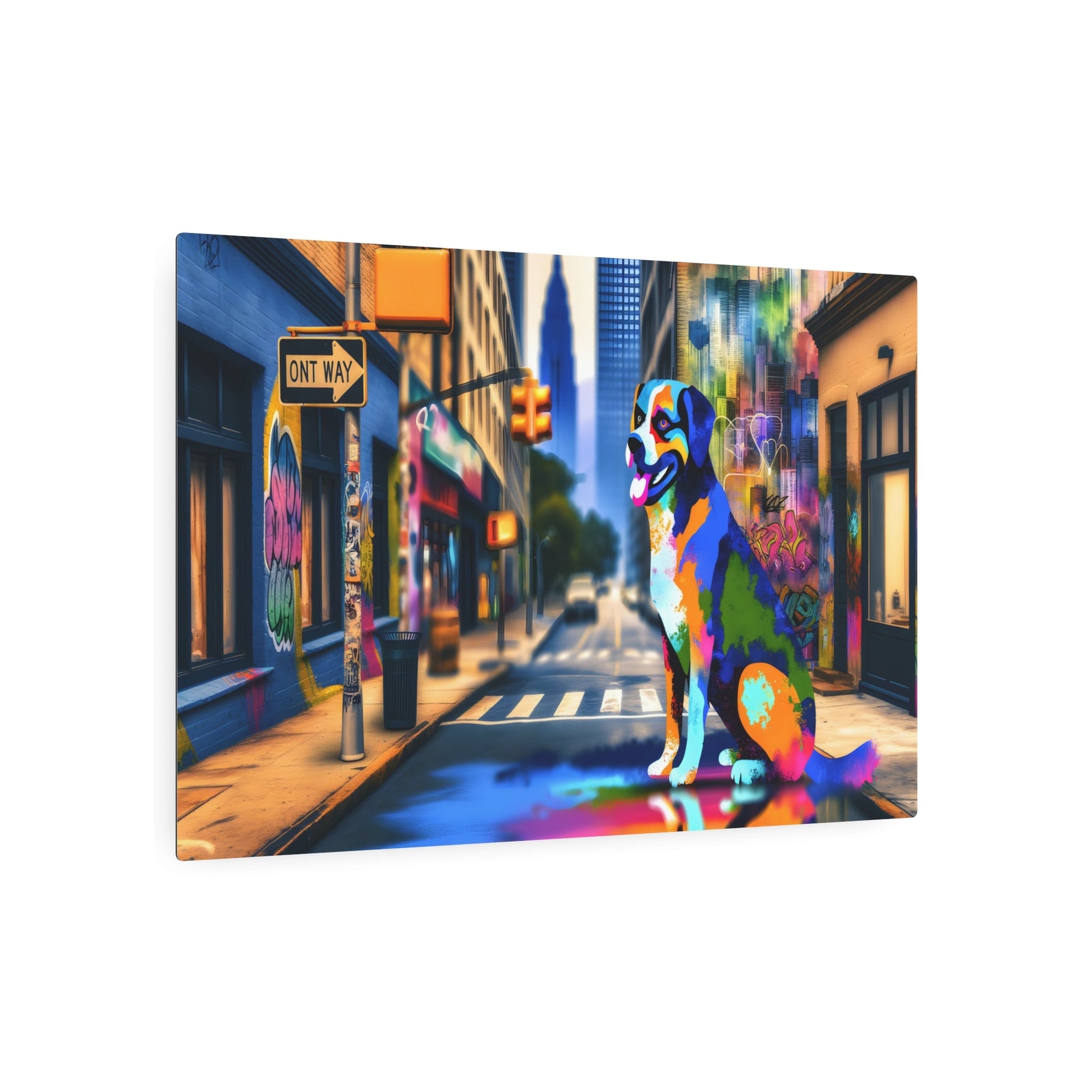 Metal Poster Art | "Modern Street Art - Vibrant Dog Centerpiece in Dynamic Cityscape, Contemporary Urban Style Wall Art" - Metal Poster Art 36″ x 24″ (Horizontal) 0.12''