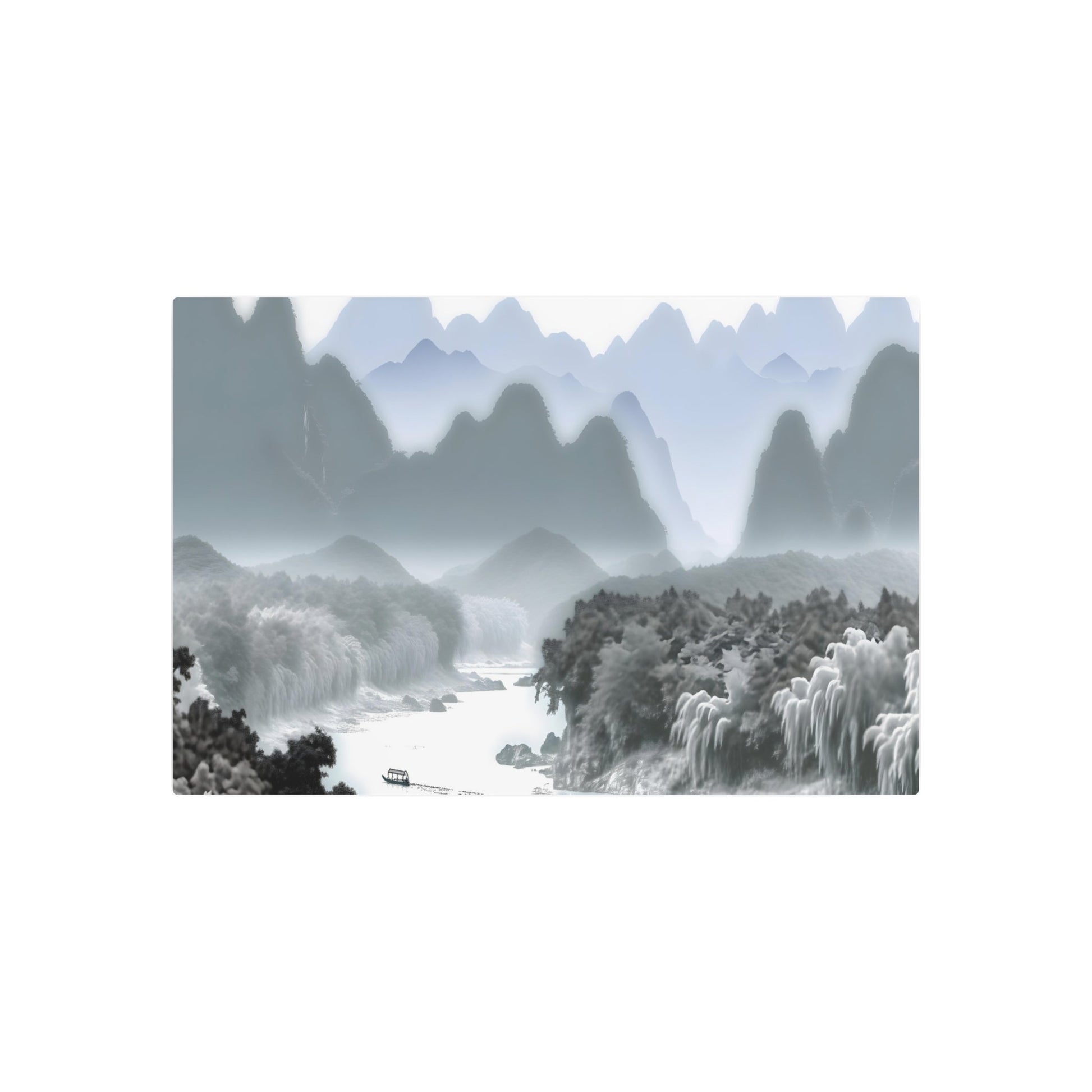 Metal Poster Art | "Traditional Chinese Landscape Painting with Mountains, Rivers, Trees & Small Boat - Asian Art Styles Collection" - Metal Poster Art 36″ x 24″ (Horizontal) 0.12''