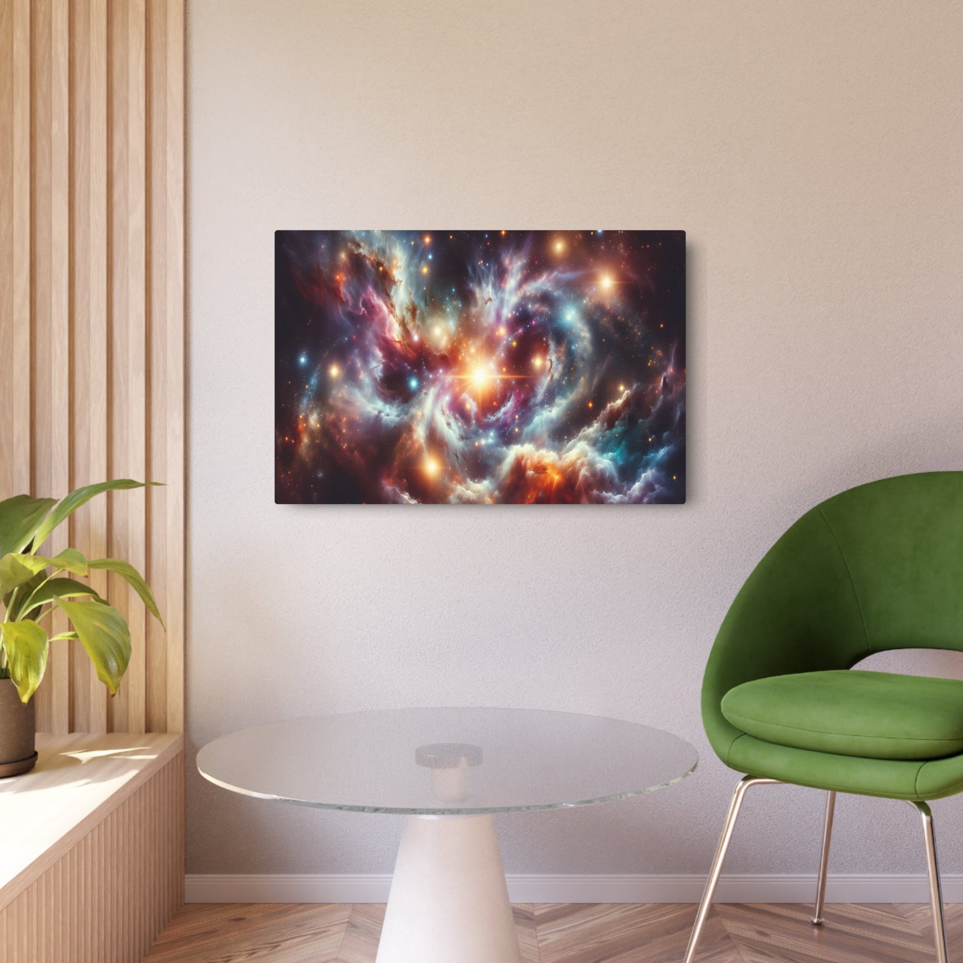 Metal Poster Art | "Vibrant Galaxy Scene Digital Artwork: Modern & Contemporary Style, Featuring Sparkling Stars, Gradient Nebula & Spiraling Galaxies" - Metal Poster Art 36″ x 24″ (Horizontal) 0.12''