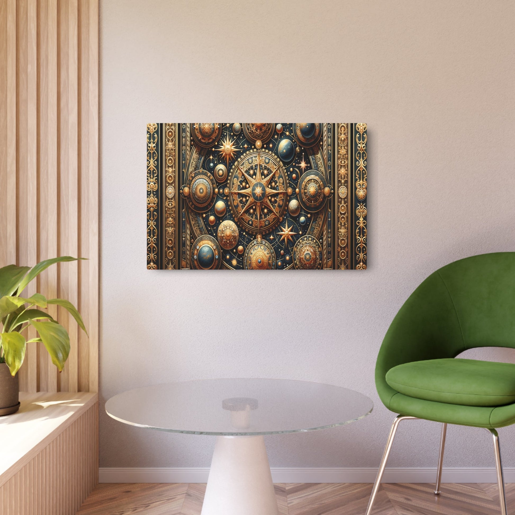 Metal Poster Art | "Byzantine Art Inspired Celestial Body Masterpiece with Intricate Patterns and Gold Accents - Non - Western & Global Styles Collection" - Metal Poster Art 36″ x 24″ (Horizontal) 0.12''