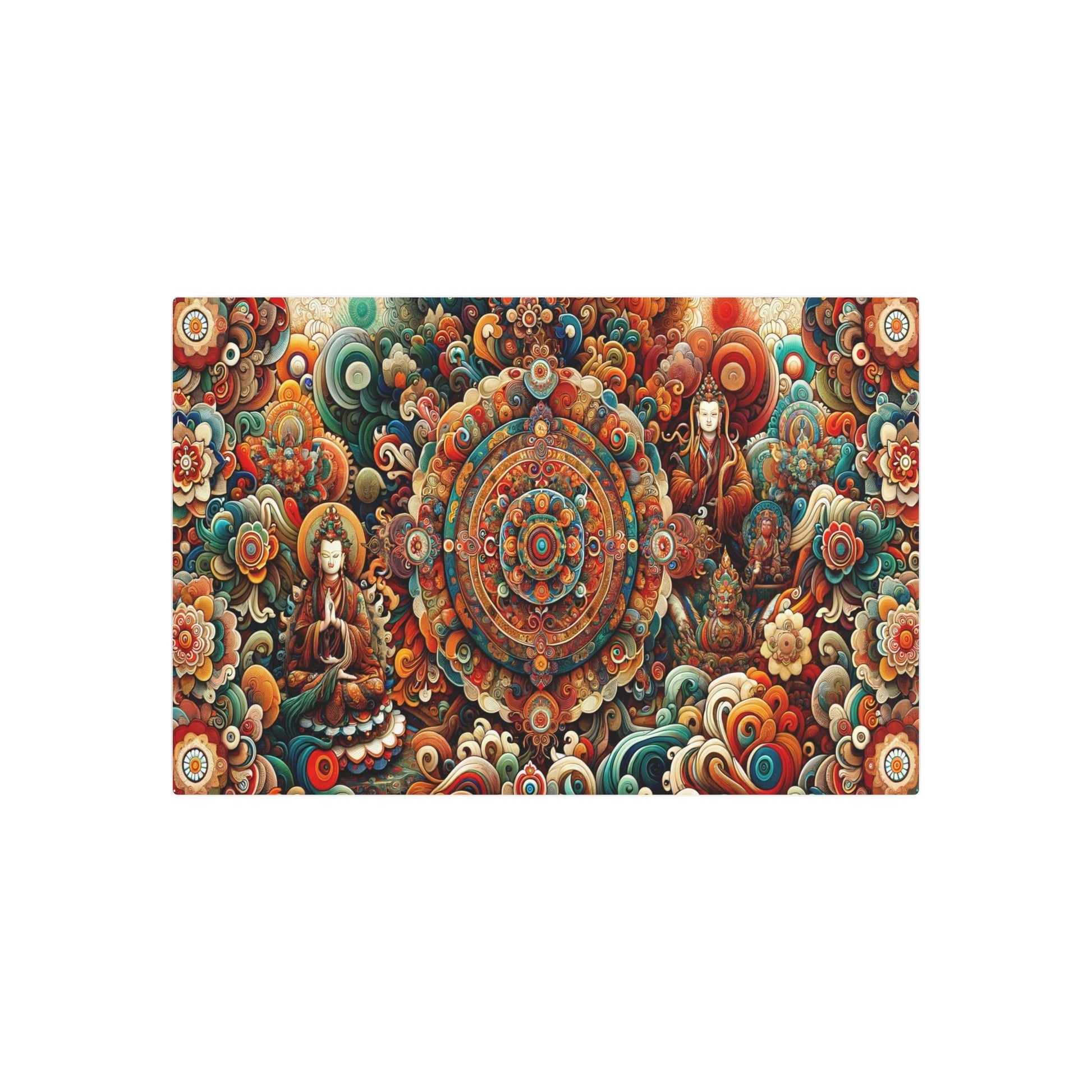 Metal Poster Art | "Vivid Thangka Painting - Inspired Artwork with Traditional Tibetan Elements - Unique Asian Art Style in Rich Colors Featuring Buddhist Deities, Mandal - Metal Poster Art 36″ x 24″ (Horizontal) 0.12''