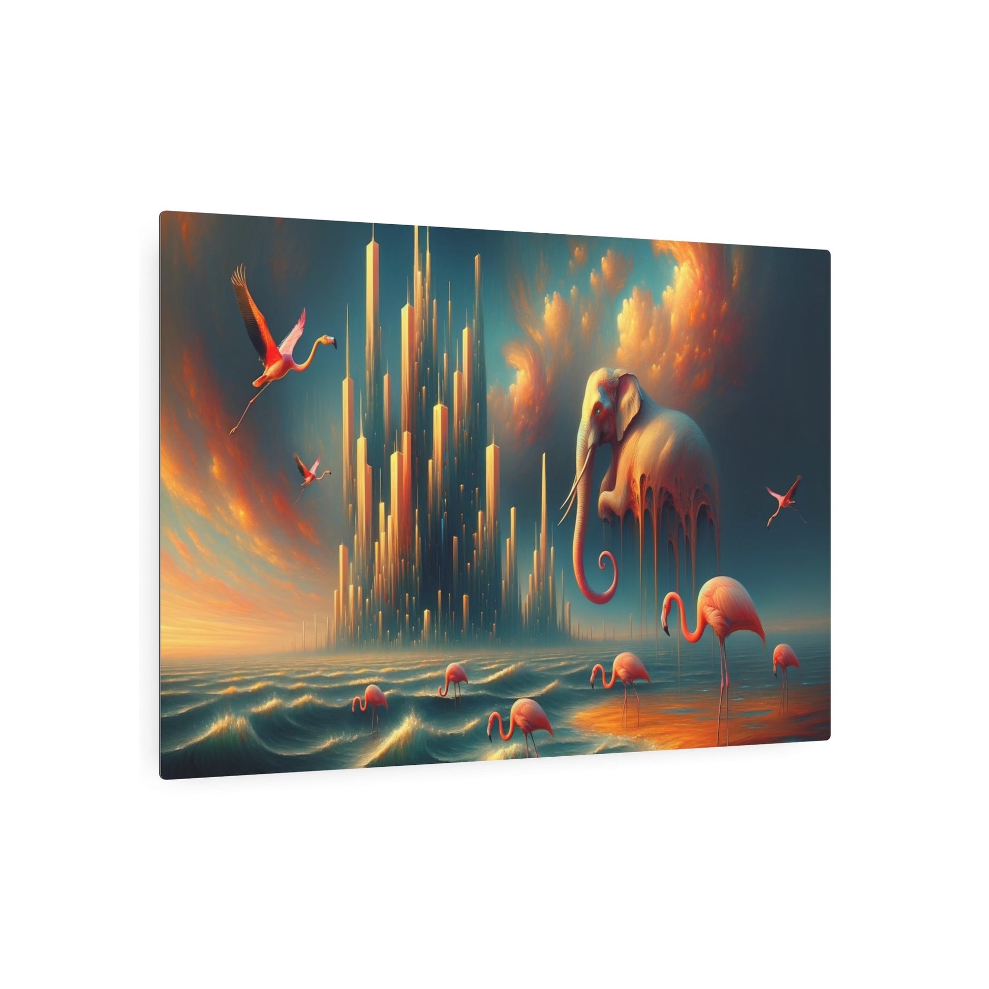 Metal Poster Art | "Salvador Dali Inspired Surrealism Art - Melting Skyscrapers & Flamboyant Elephants in Dreamlike Dusk, - Metal Poster Art 36″ x 24″ (Horizontal) 0.12''