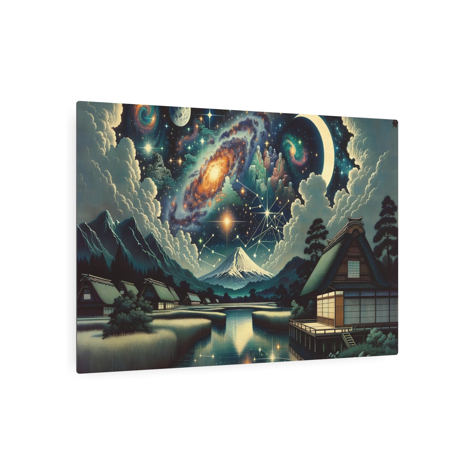 Metal Poster Art | "Ukiyo - e Style Asian Art - Traditional Japanese Countryside Night Sky with Celestial Bodies, Constellations and Crescent Moon" - Metal Poster Art 36″ x 24″ (Horizontal) 0.12''