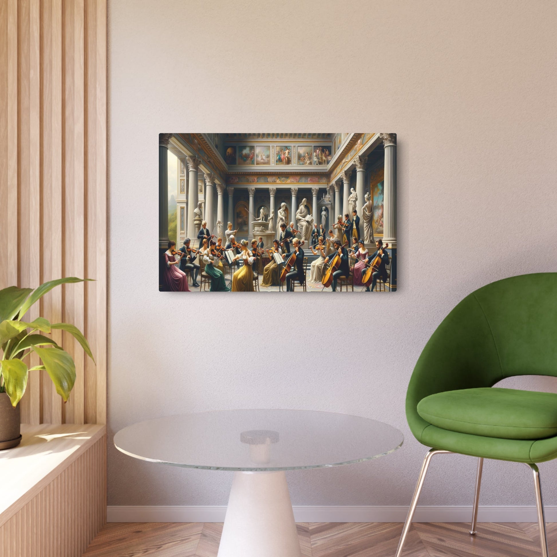 Metal Poster Art | "Neoclassical Art Print - Fusion of Music and Art Featuring Musicians, Violins, Cellos in Grand Grecian Rooms | Western - Metal Poster Art 36″ x 24″ (Horizontal) 0.12''