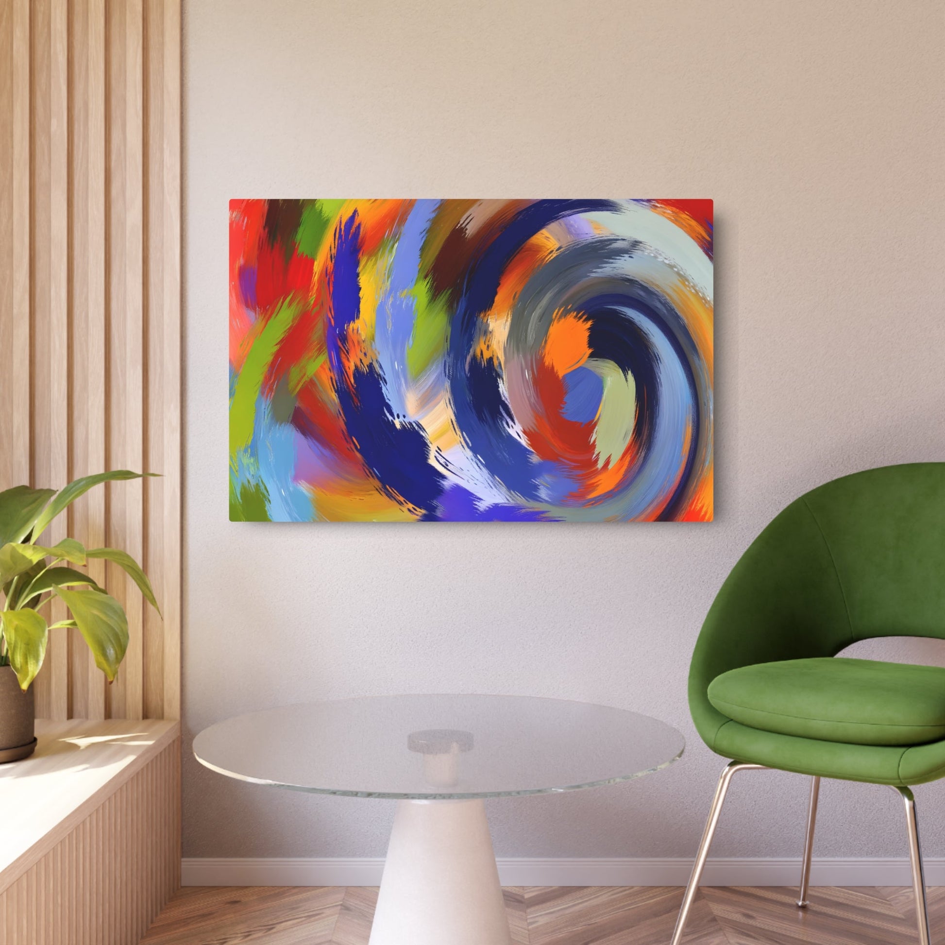 Metal Poster Art | "Modern Abstract Expressionism Artwork: Vibrant Color Swirls, Dynamic Energy and Emotion, Non-Linear Shapes in Cool & Warm T - Metal Poster Art 36″ x 24″ (Horizontal) 0.12''