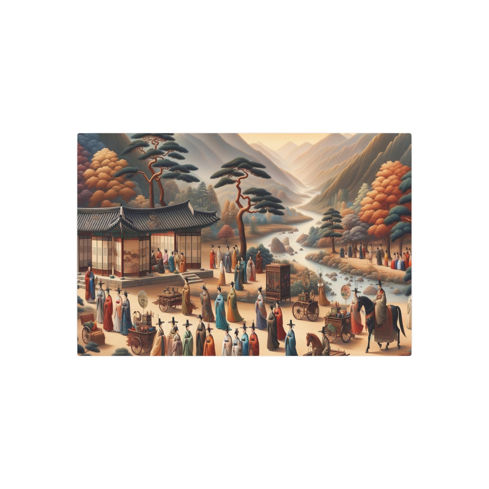 Metal Poster Art | "Joseon Dynasty - Inspired Traditional Korean Landscape Painting with Cultural Elements - Asian Art Styles, Subcategory: Joseon Dynasty Paintings (Korean - Metal Poster Art 36″ x 24″ (Horizontal) 0.12''