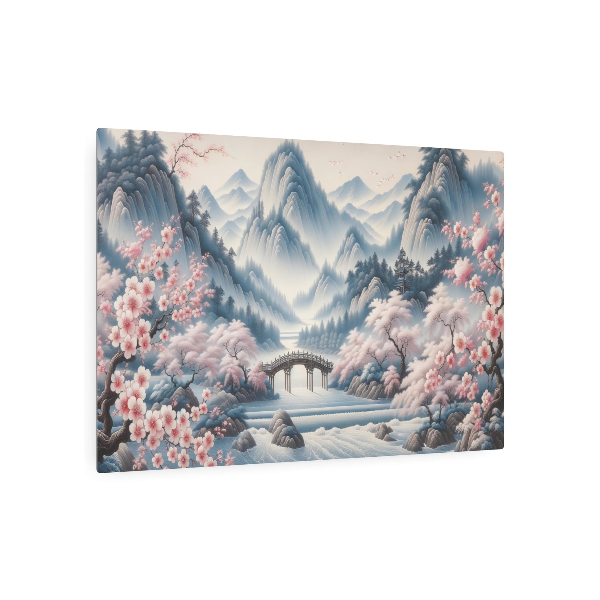 Metal Poster Art | "Traditional Chinese Silk Painting of Cherry Blossom Trees and Mountain Range - Asian Art Styles, Calming & Tranquil Chinese Silk Painting" - Metal Poster Art 36″ x 24″ (Horizontal) 0.12''