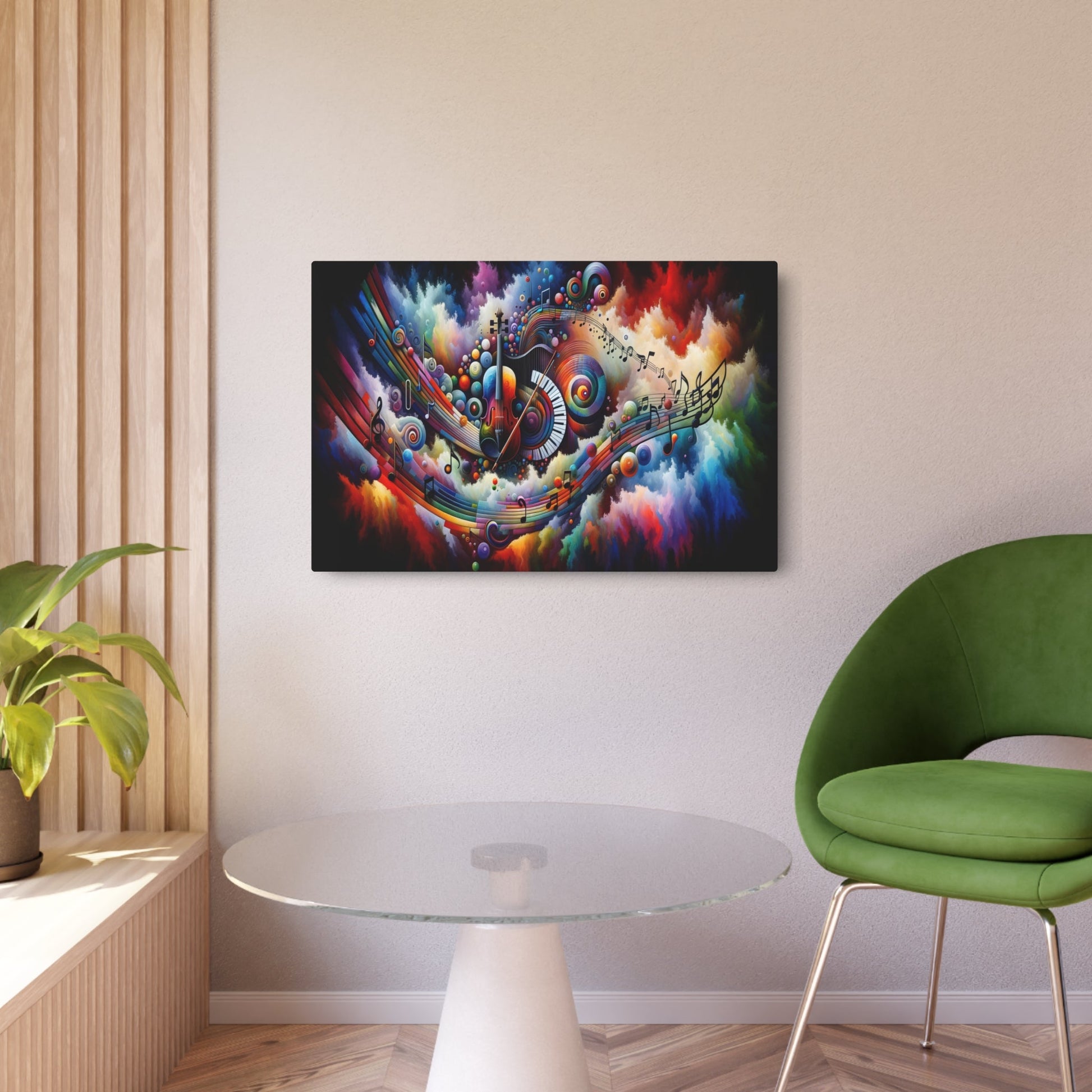 Metal Poster Art | "Modern & Contemporary Digital Art: Harmonious Fusion of Music and Kaleidoscopic Colors - Musical Instruments, Notes & Sound Waves Imagery" - Metal Poster Art 36″ x 24″ (Horizontal) 0.12''