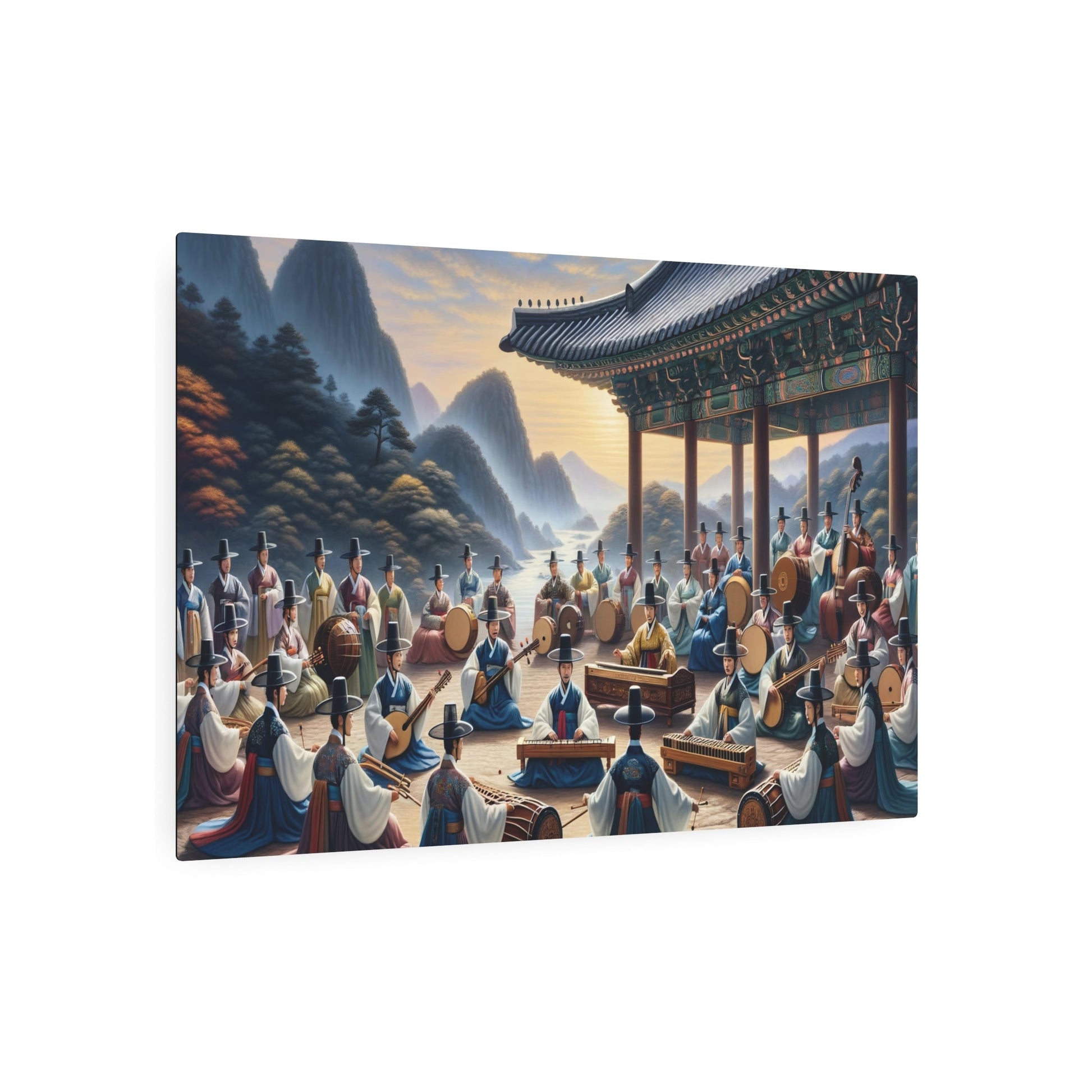 Metal Poster Art | "Traditional Korean Music Performance Art Piece - Joseon Dynasty Style Painting Featuring Gayageum, Geomungo, and Piri Instruments with Authentic Han - Metal Poster Art 36″ x 24″ (Horizontal) 0.12''