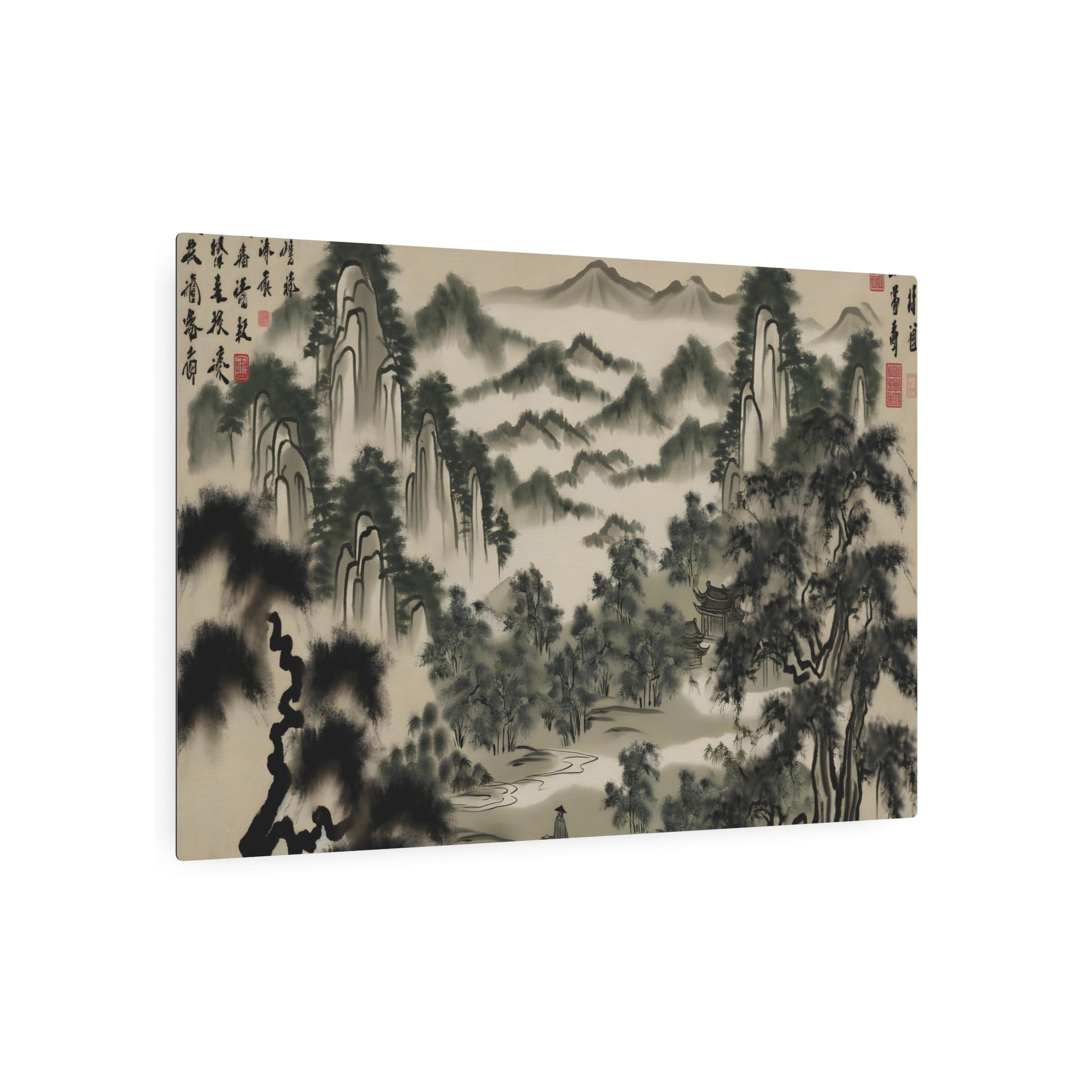 Metal Poster Art | "Traditional Chinese Landscape Art - Enchanting Forests and Lush Trees, Hand-Painted Ink Wash in Asian Art Styles, Sub-category: Chinese - Metal Poster Art 36″ x 24″ (Horizontal) 0.12''