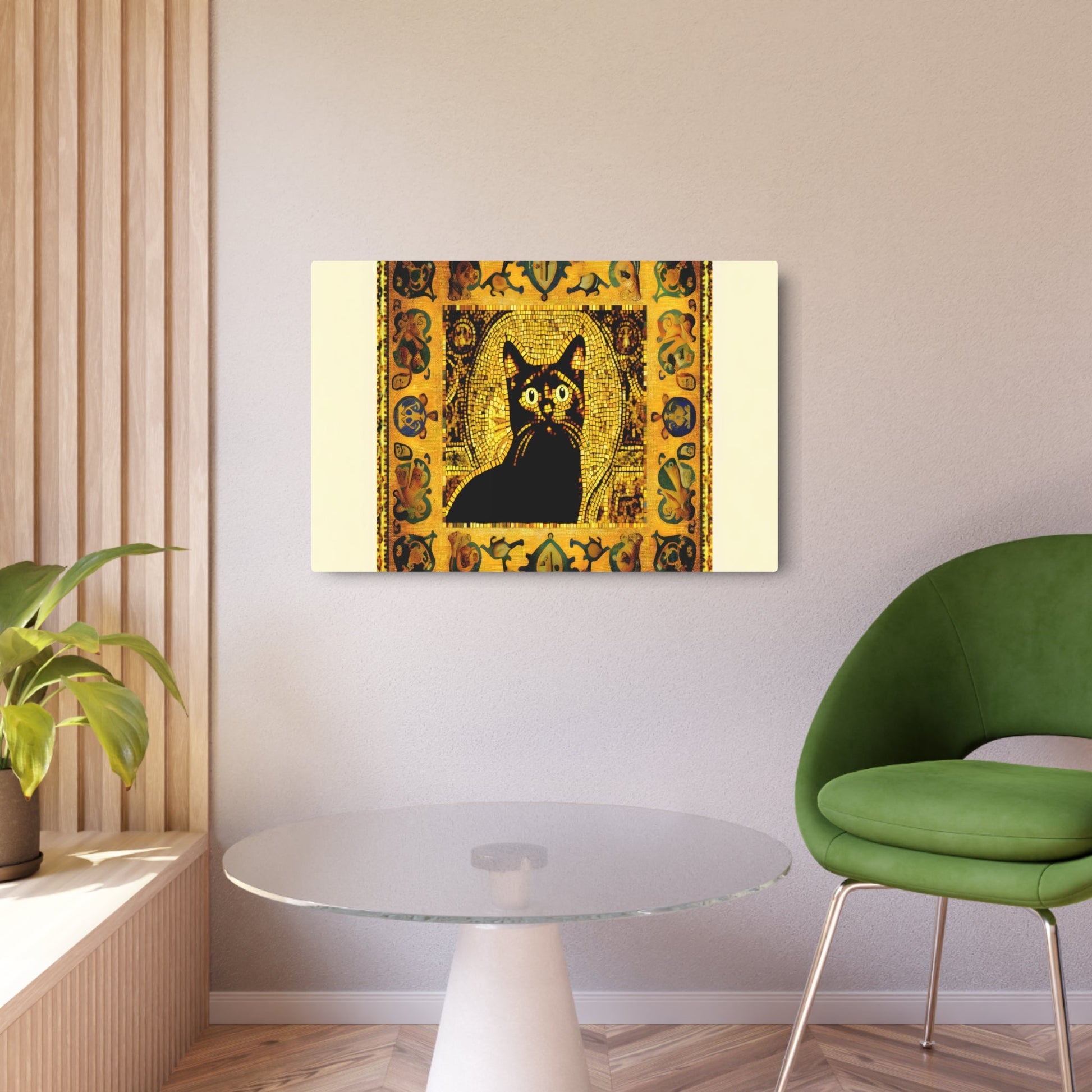 Metal Poster Art | "Byzantine Art Style Cat Image Surrounded by Traditional Golden Mosaics - Non-Western & Global Styles, Byzantine Category" - Metal Poster Art 36″ x 24″ (Horizontal) 0.12''