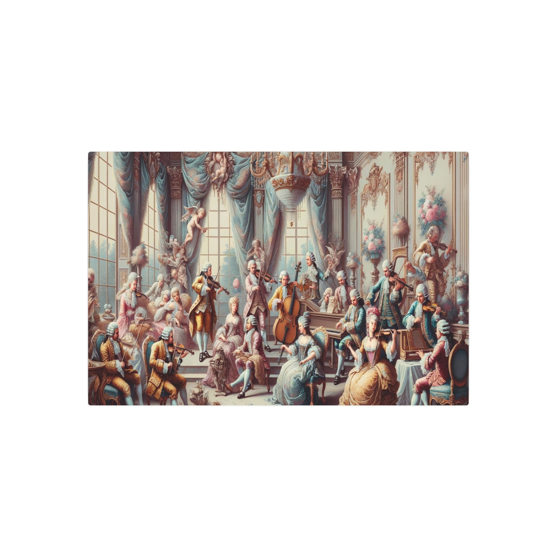 Metal Poster Art | "Rococo Style Artwork - Harmonious Scene of Music and Art with Nobles, Violins, Pianos, & Harps Amid - Metal Poster Art 36″ x 24″ (Horizontal) 0.12''