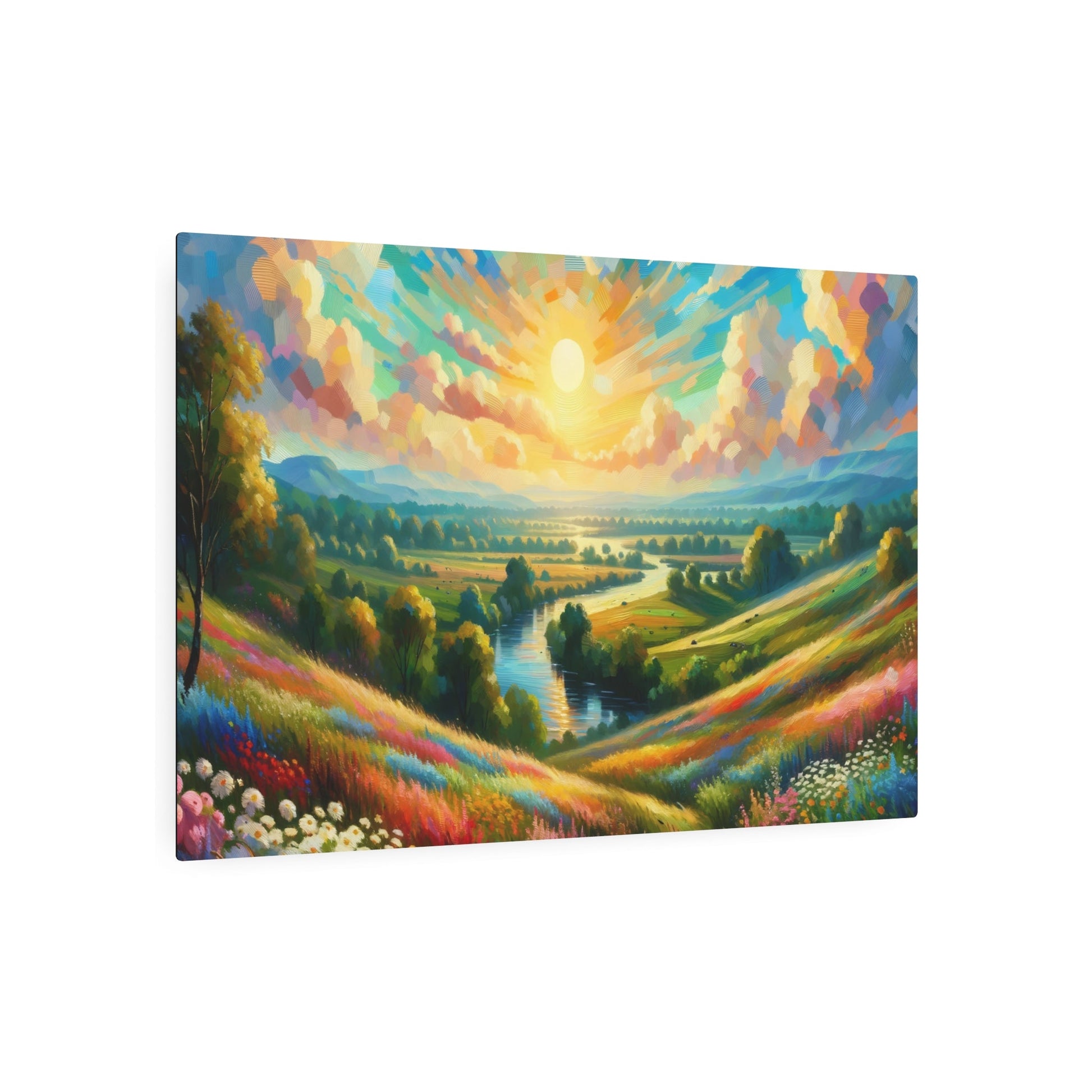 Metal Poster Art | "Impressionist Art Countryside Landscape - Vibrant Western Art Styles - Scenic Meadow, River & Sunset Scene" - Metal Poster Art 36″ x 24″ (Horizontal) 0.12''