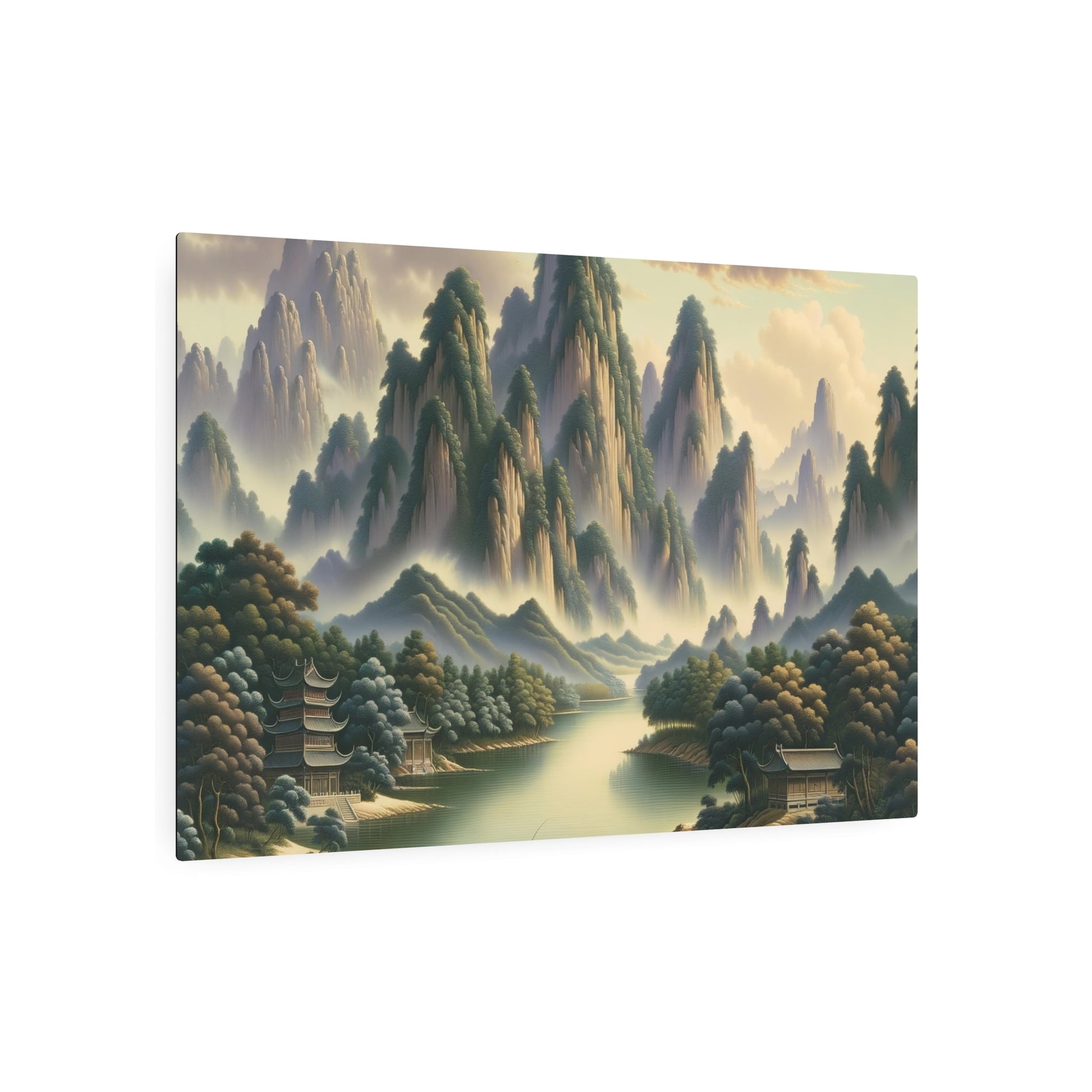 Metal Poster Art | "Traditional Chinese Landscape Art - Asian Art Styles Collection: Majestic Mountains, Serene Rivers, Ancient Temples Painting" - Metal Poster Art 36″ x 24″ (Horizontal) 0.12''