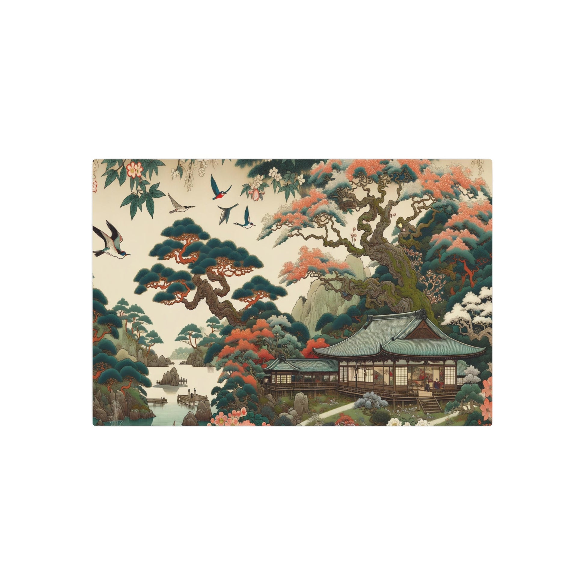 Metal Poster Art | "Kano School Inspired Asian Artwork: Japanese - Chinese Fusion with Bright Colors, Intricate Lines, and Natural Themes - Birds, Flowers & Land - Metal Poster Art 36″ x 24″ (Horizontal) 0.12''