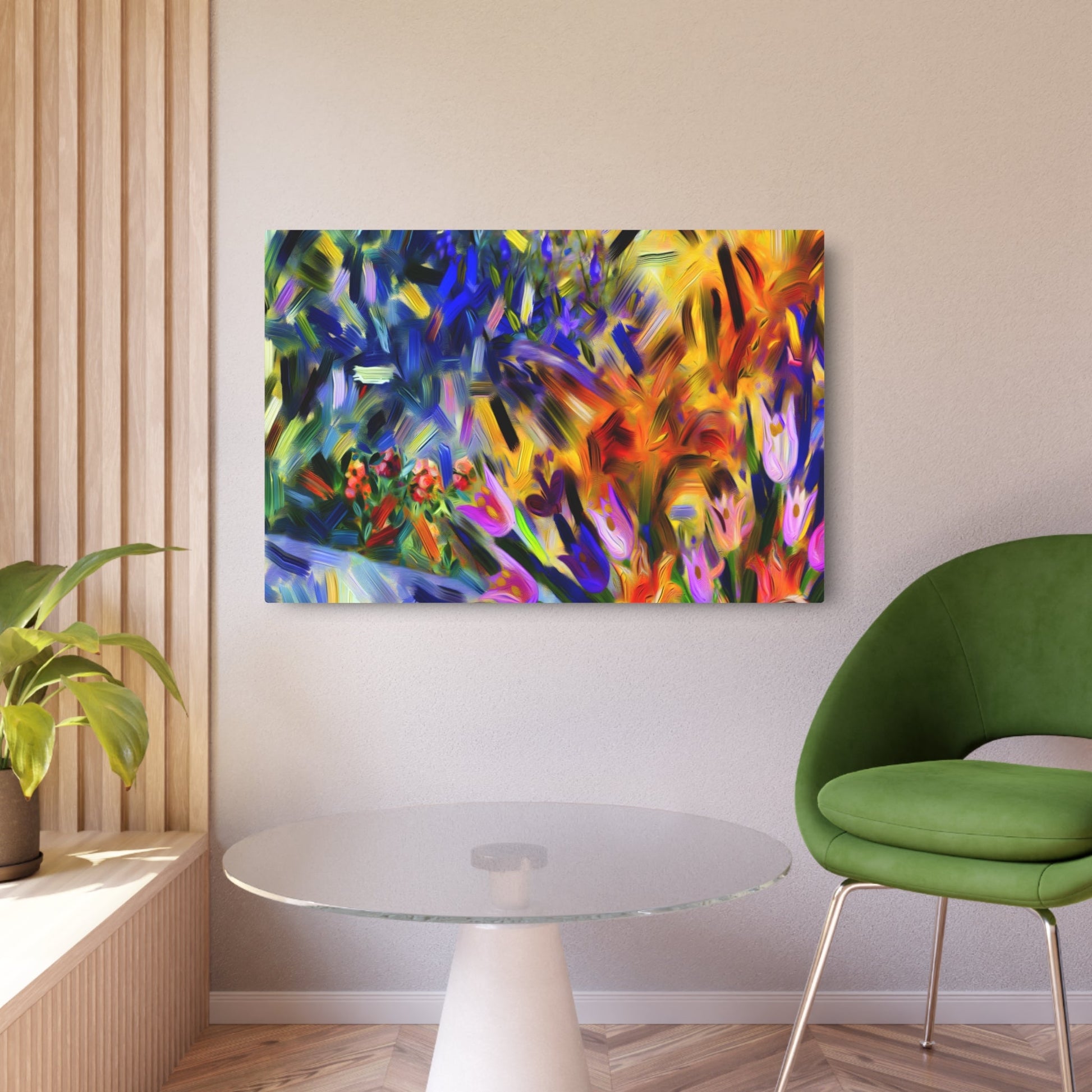 Metal Poster Art | "Modern Abstract Expressionist Art - Bold and Vivid Garden Flowers Interpretation in Contemporary Style" - Metal Poster Art 36″ x 24″ (Horizontal) 0.12''