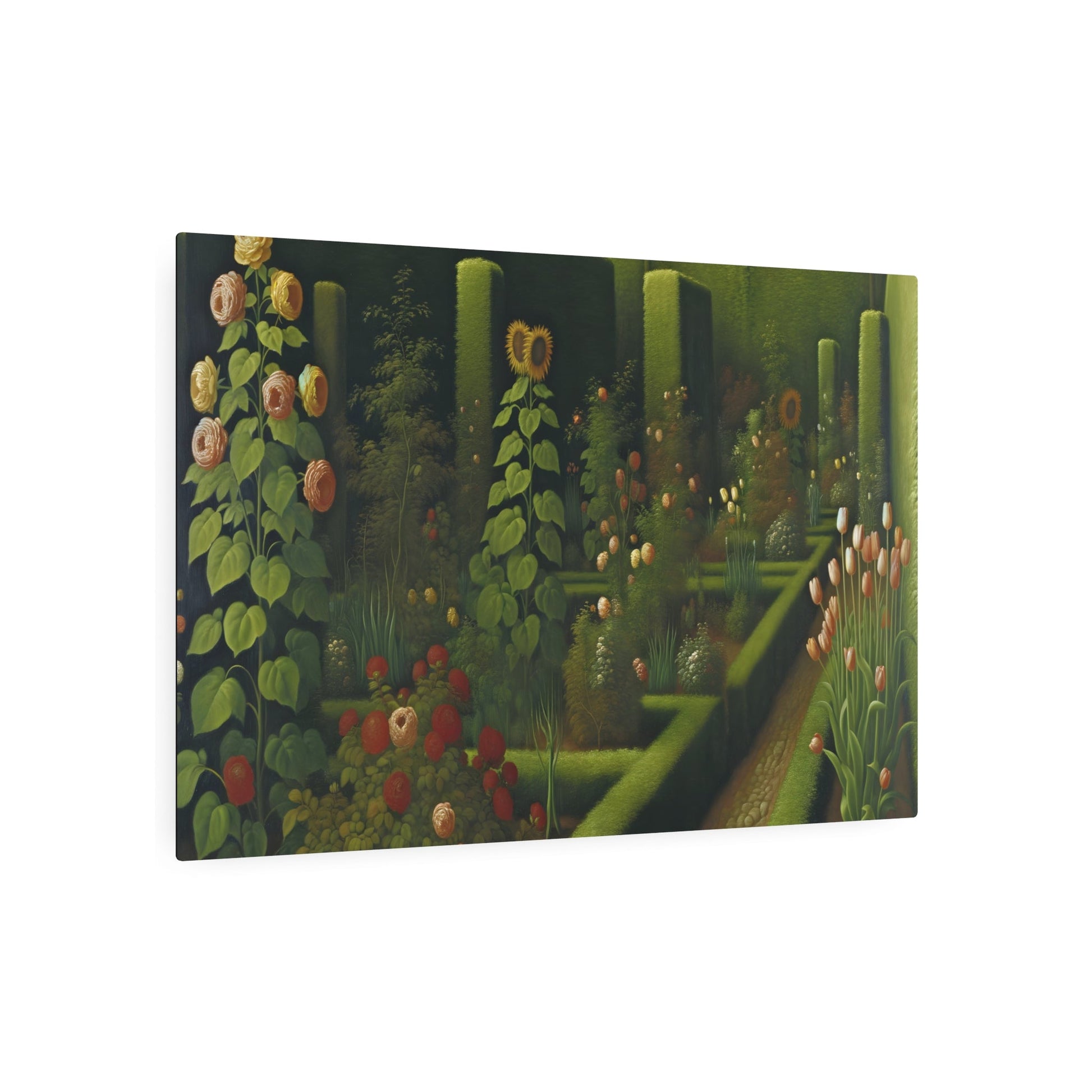 Metal Poster Art | "Renaissance Western Art Style: Stunning Garden Scene with Sunflowers, Roses, and Tulips - Fine Art Painting Replica" - Metal Poster Art 36″ x 24″ (Horizontal) 0.12''