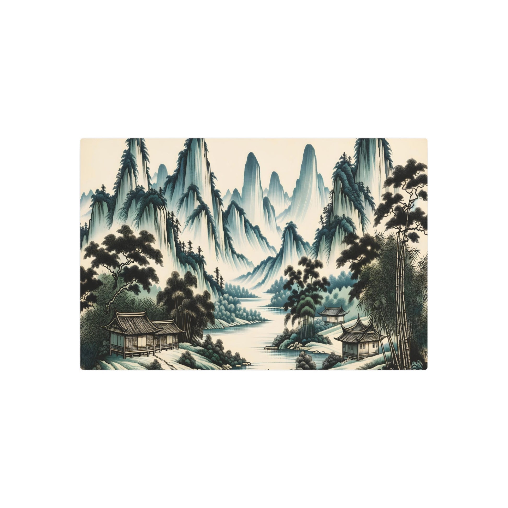 Metal Poster Art | "Traditional Chinese Landscape Artwork with Mountain, River, Tree and Bamboo House Elements - Asian Art Styles Collection" - Metal Poster Art 36″ x 24″ (Horizontal) 0.12''