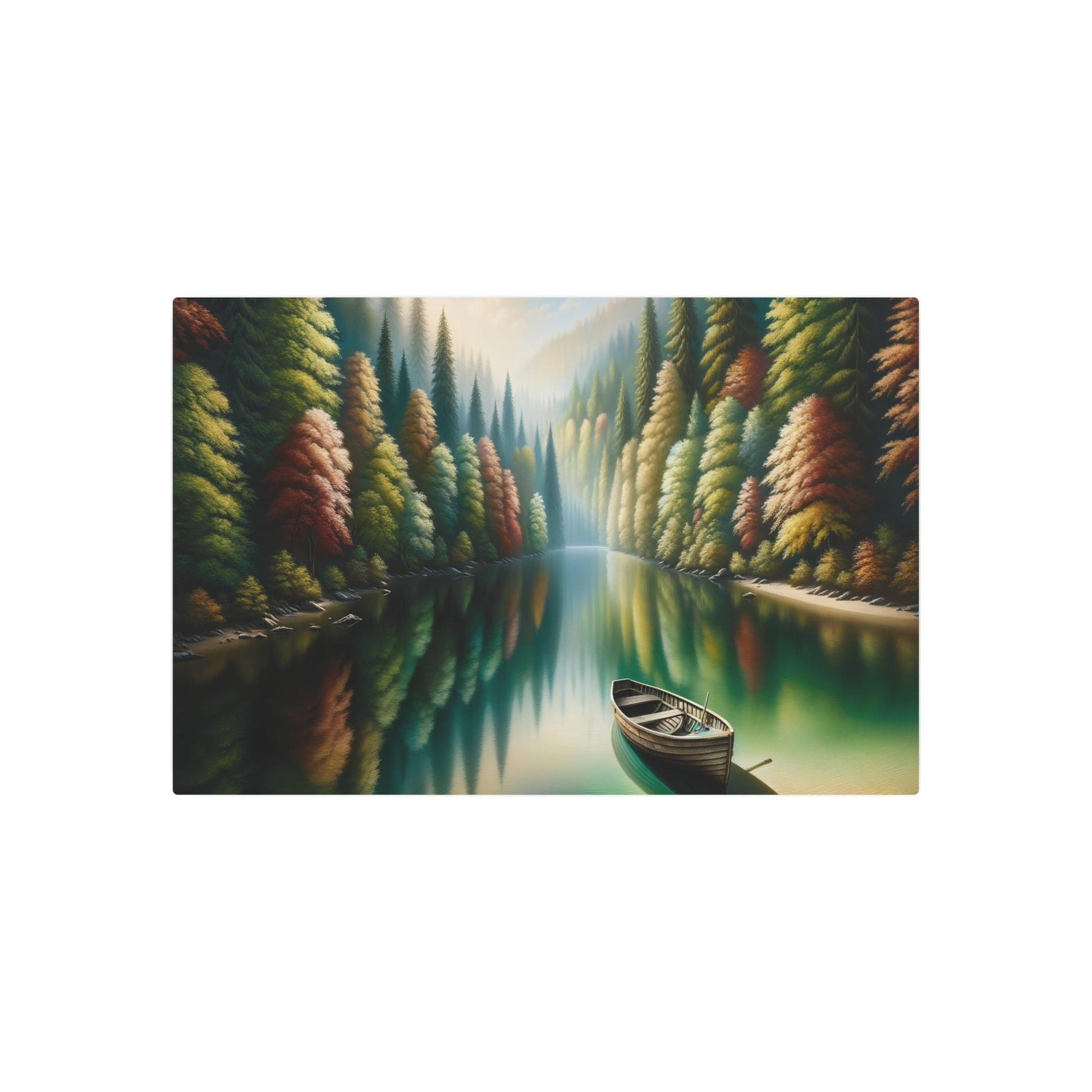 Metal Poster Art | "Realism Style Western Art: Serene Lake with Autumnal Forest and Wooden Boat - Original Art Piece" - Metal Poster Art 36″ x 24″ (Horizontal) 0.12''