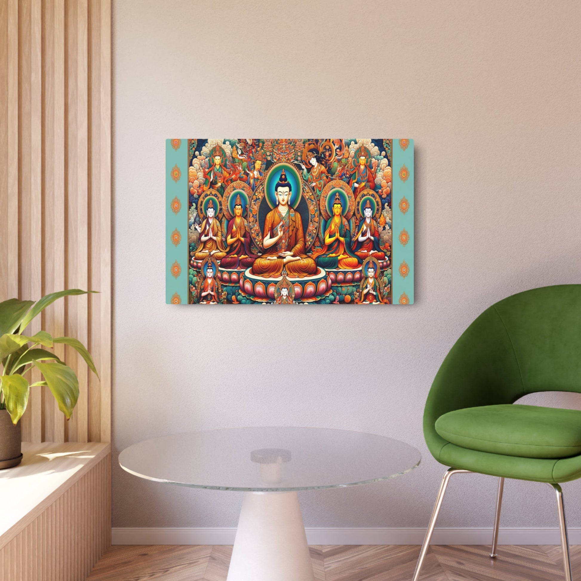 Metal Poster Art | "Intricate Tibetan Thangka Painting: Vibrant Depictions of Buddha, Bodhisattvas, and Sacred Mandalas in Traditional Asian Art Style - Metal Poster Art 36″ x 24″ (Horizontal) 0.12''