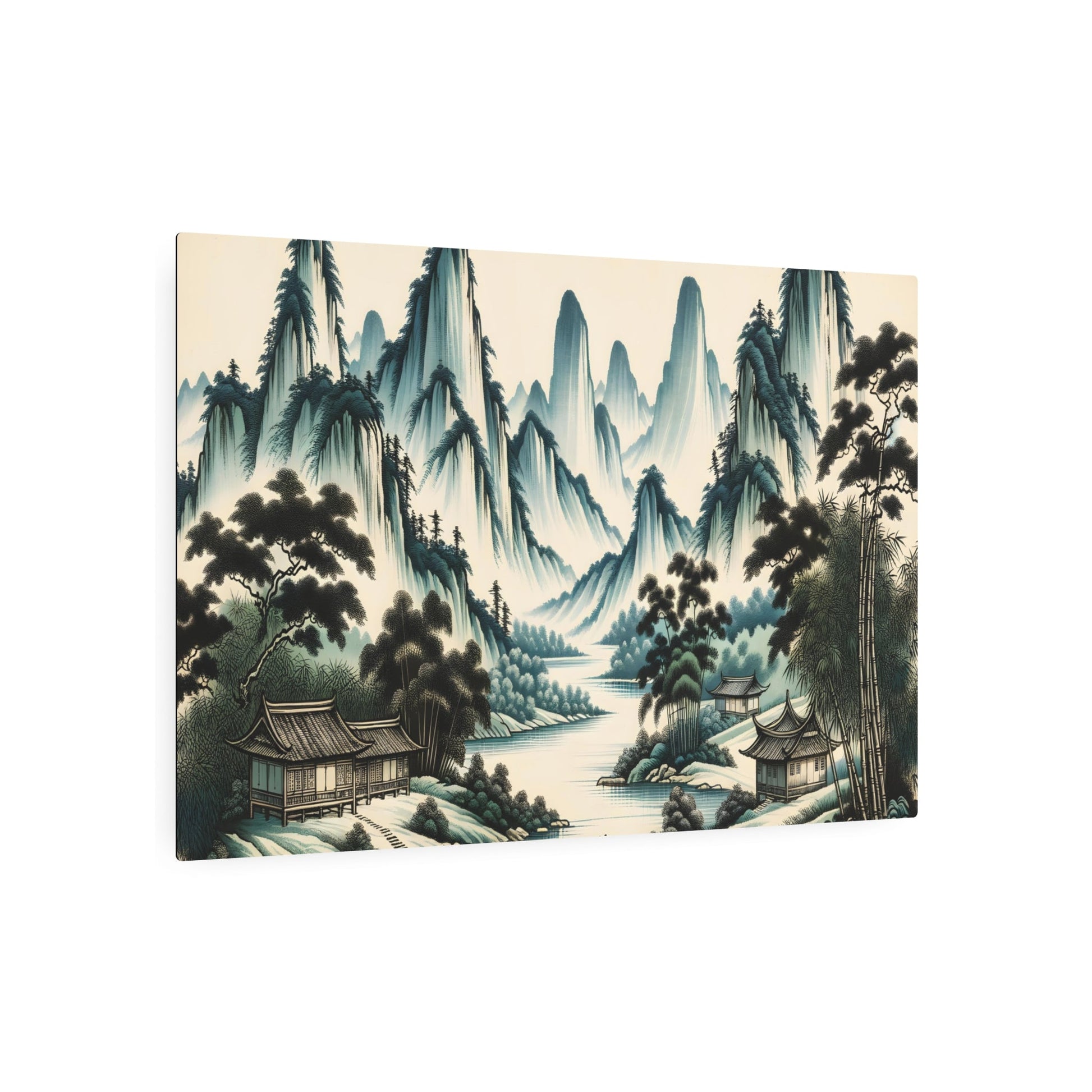 Metal Poster Art | "Traditional Chinese Landscape Artwork with Mountain, River, Tree and Bamboo House Elements - Asian Art Styles Collection" - Metal Poster Art 36″ x 24″ (Horizontal) 0.12''