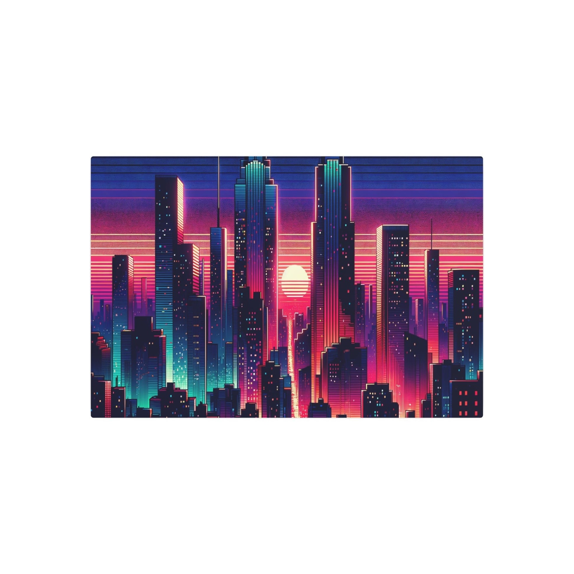 Metal Poster Art | "Digital Art - Vibrant Neon Lights in Modern Sunset Cityscape, Contemporary Style" - Metal Poster Art 36″ x 24″ (Horizontal) 0.12''