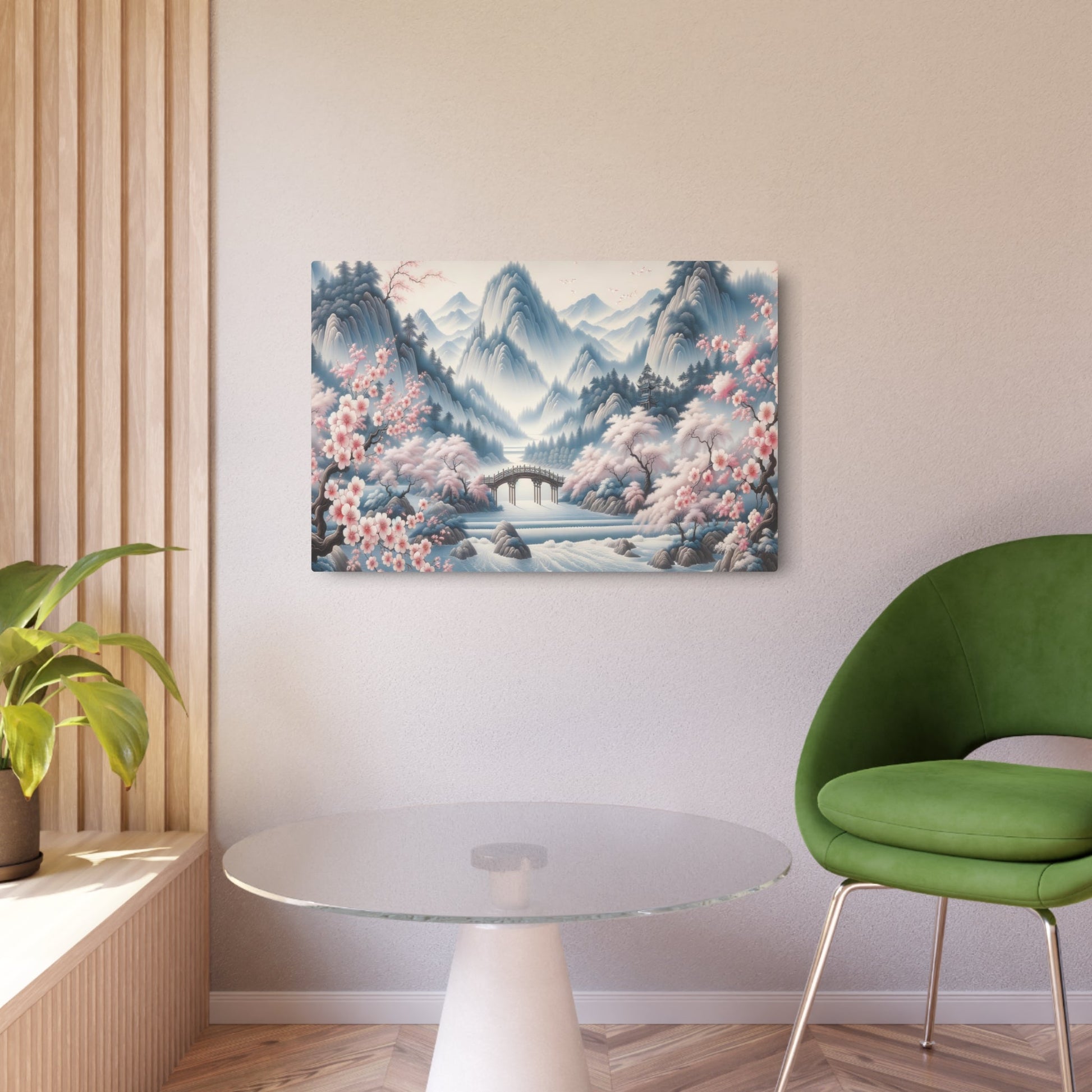 Metal Poster Art | "Traditional Chinese Silk Painting of Cherry Blossom Trees and Mountain Range - Asian Art Styles, Calming & Tranquil Chinese Silk Painting" - Metal Poster Art 36″ x 24″ (Horizontal) 0.12''