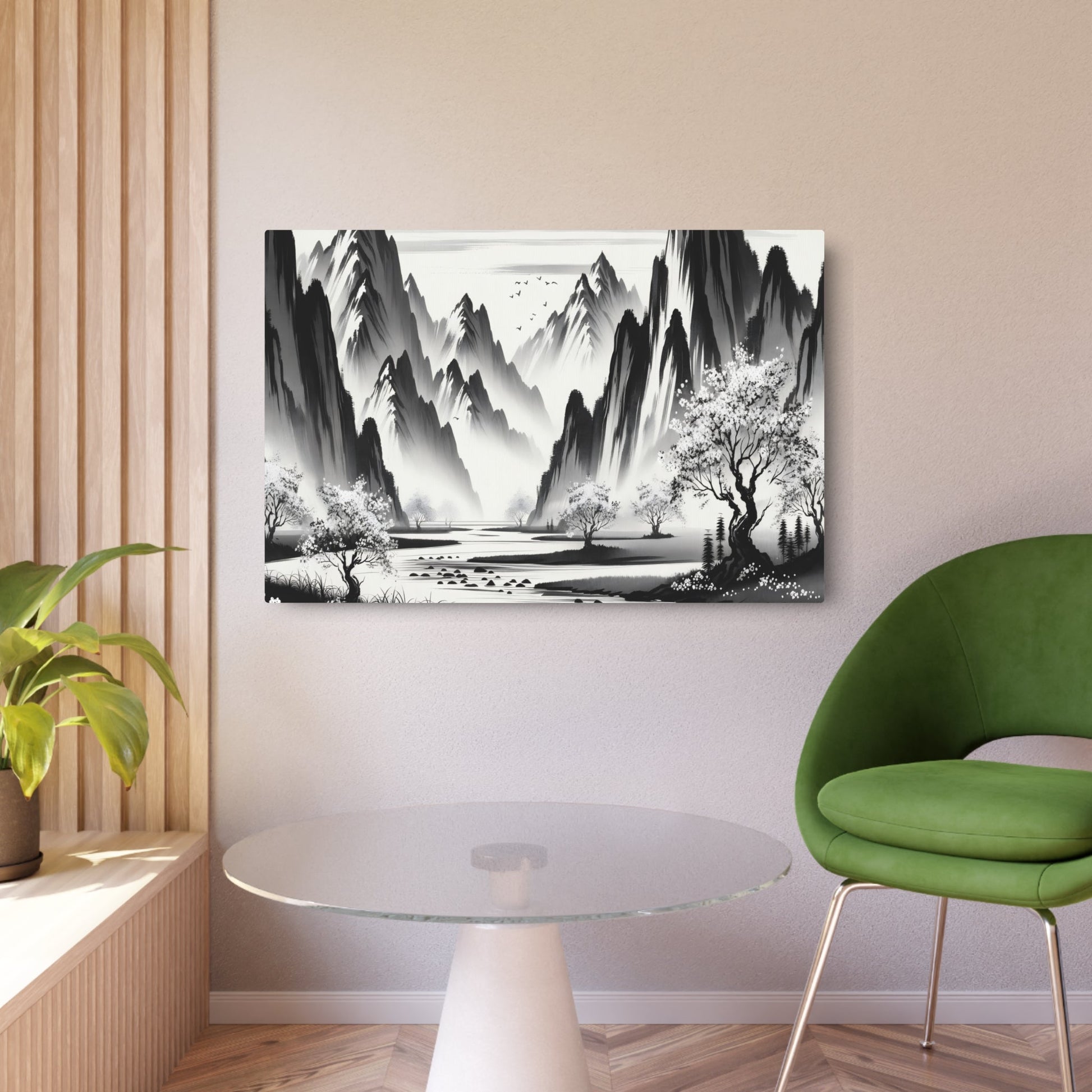 Metal Poster Art | "Sumi - e Japanese Ink Wash Artwork - Serene Landscape with Majestic Mountains, Flowing River & Cherry Blossom Trees | Traditional Asian Art - Metal Poster Art 36″ x 24″ (Horizontal) 0.12''