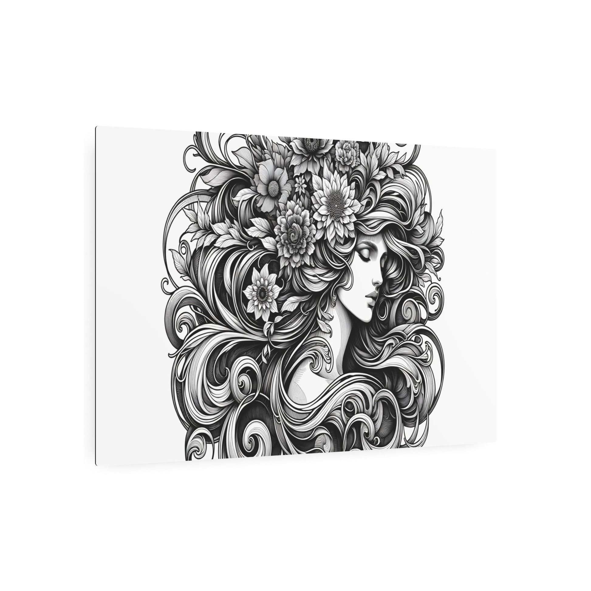 Metal Poster Art | "Art Nouveau Style Western Art - Mystical Woman with Floral Adorned Hair in Intricate Nature - Inspired Illustration" - Metal Poster Art 36″ x 24″ (Horizontal) 0.12''