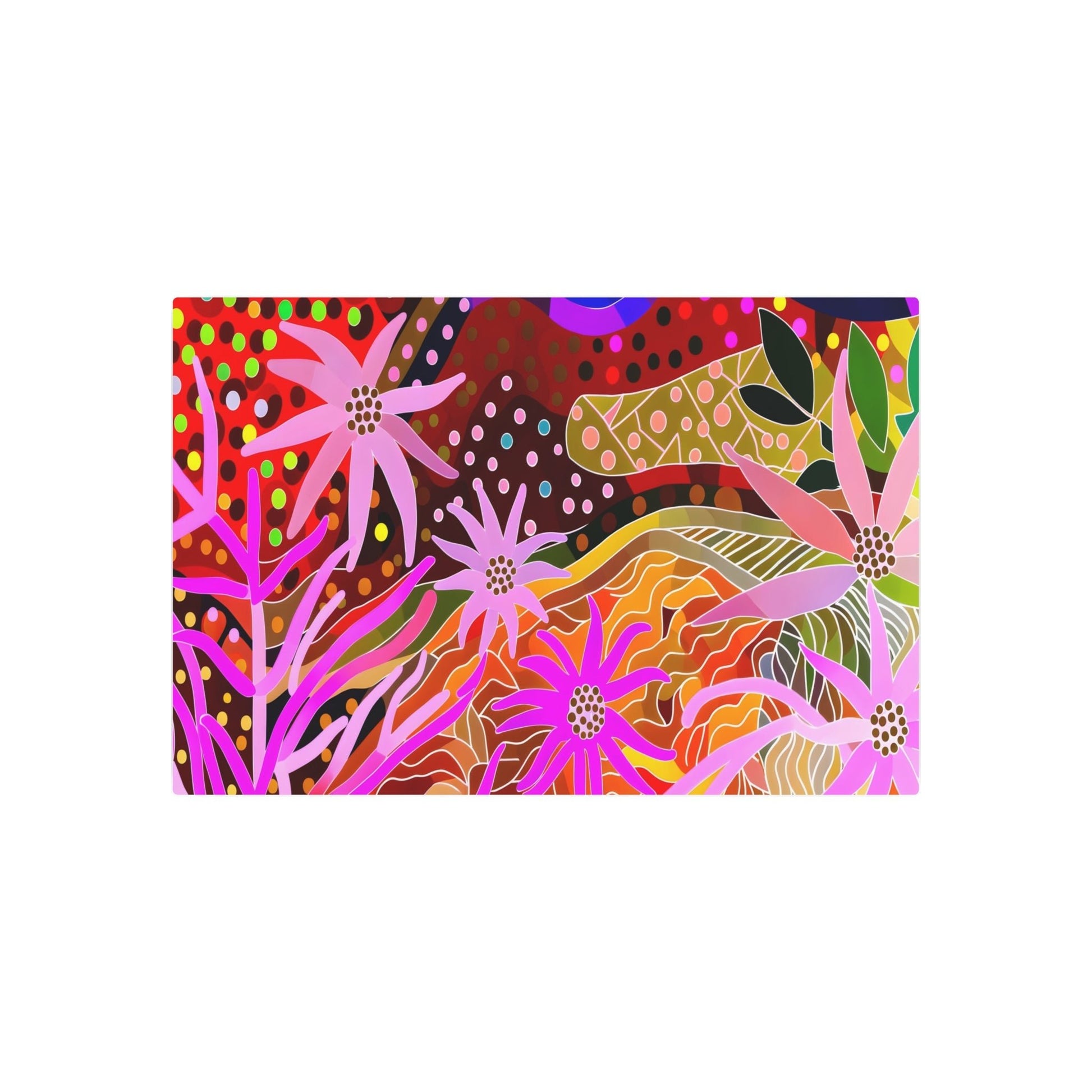 Metal Poster Art | "Vibrant Australian Aboriginal Art - Dreamtime Scene with Wildflowers, Geometric Shapes, Curved Forms in Bold Colors - Non-Western Global - Metal Poster Art 36″ x 24″ (Horizontal) 0.12''