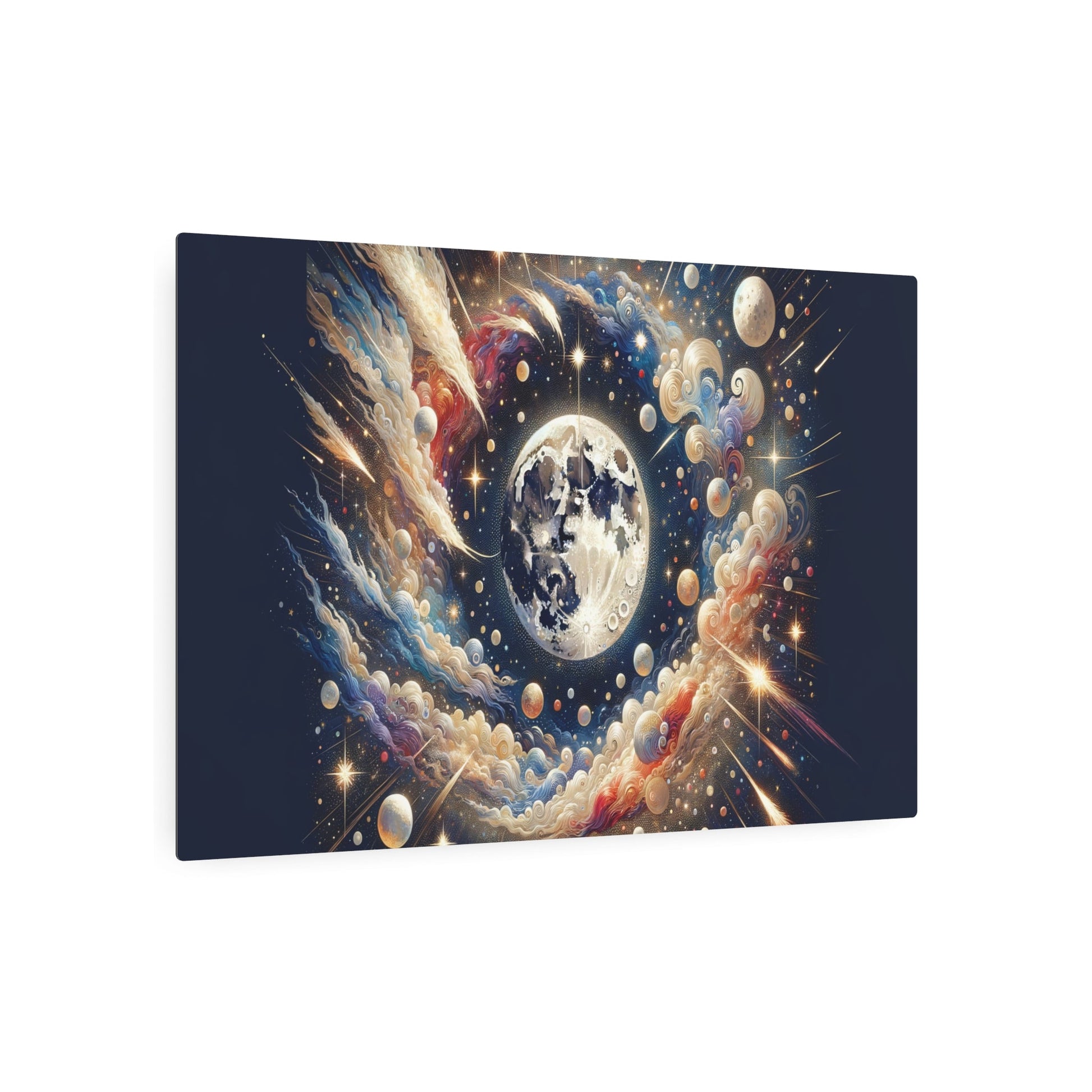 Metal Poster Art | "Chinese Silk Painting Art - Celestial Body Theme with Night Sky, Stars, Moon & Comets - Asian Art Styles Collection" - Metal Poster Art 36″ x 24″ (Horizontal) 0.12''