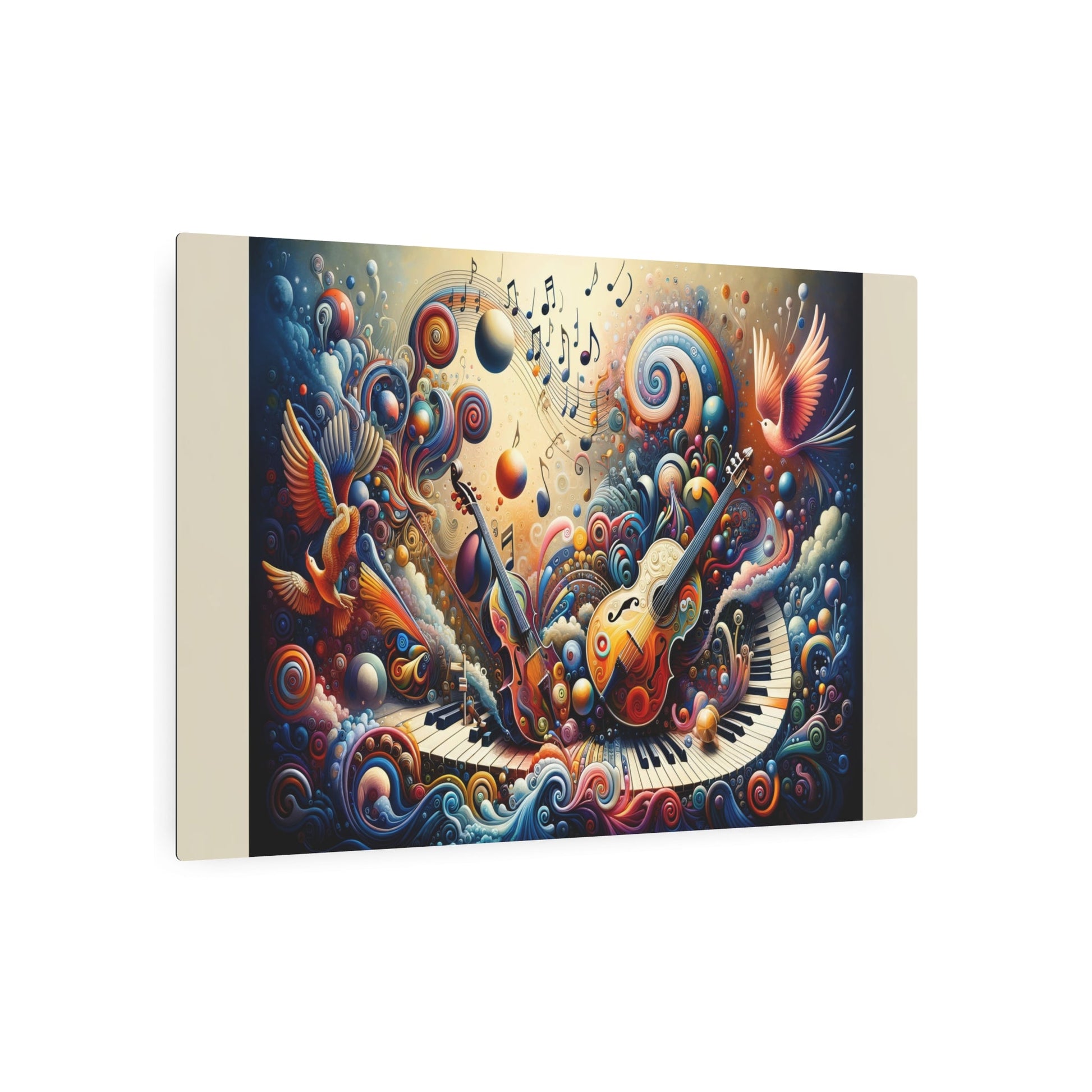 Metal Poster Art | "Harmonious Chaos: Surrealism - Inspired Music & Art Fusion - Modern Contemporary Style Vibrant Painting with Musical Notes, Eccentric Shapes - Metal Poster Art 36″ x 24″ (Horizontal) 0.12''