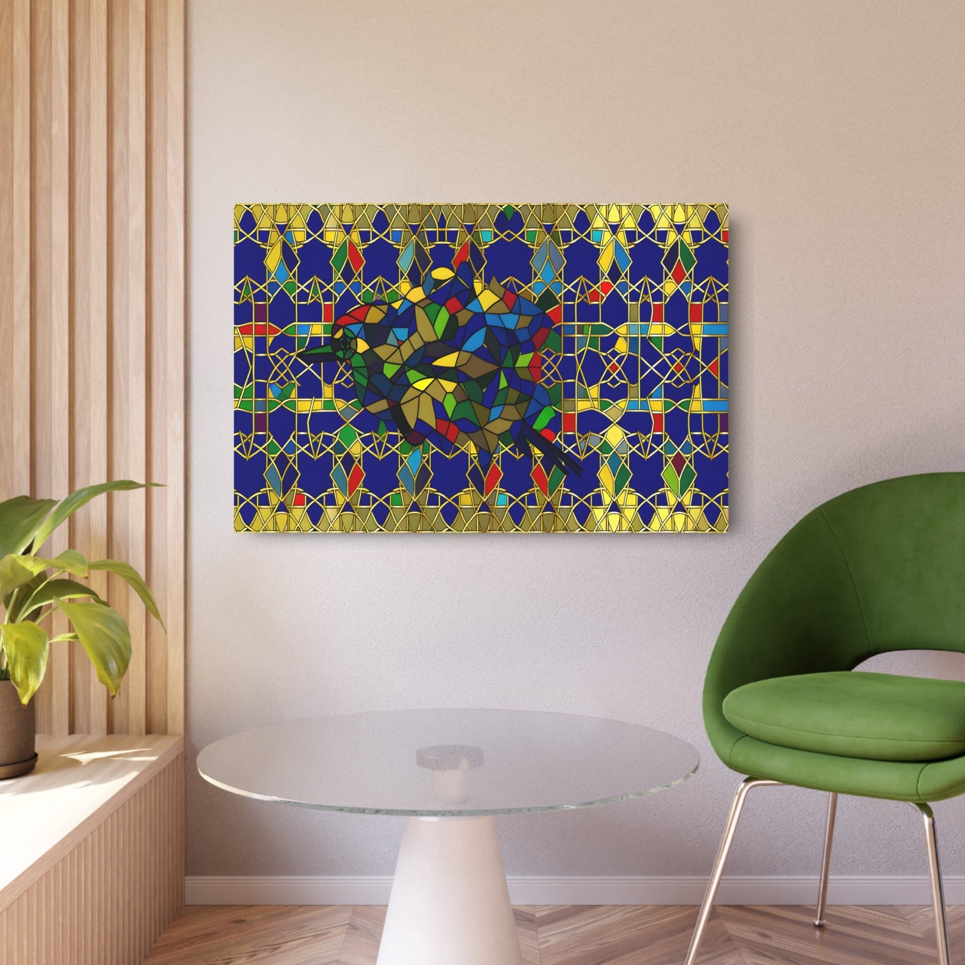 Metal Poster Art | "Islamic Art Inspired Bird Design - Vibrant Geometric Pattern in Luxurious Gold, Sapphire Blues, Emerald Greens & Ruby Reds - Non-Western - Metal Poster Art 36″ x 24″ (Horizontal) 0.12''