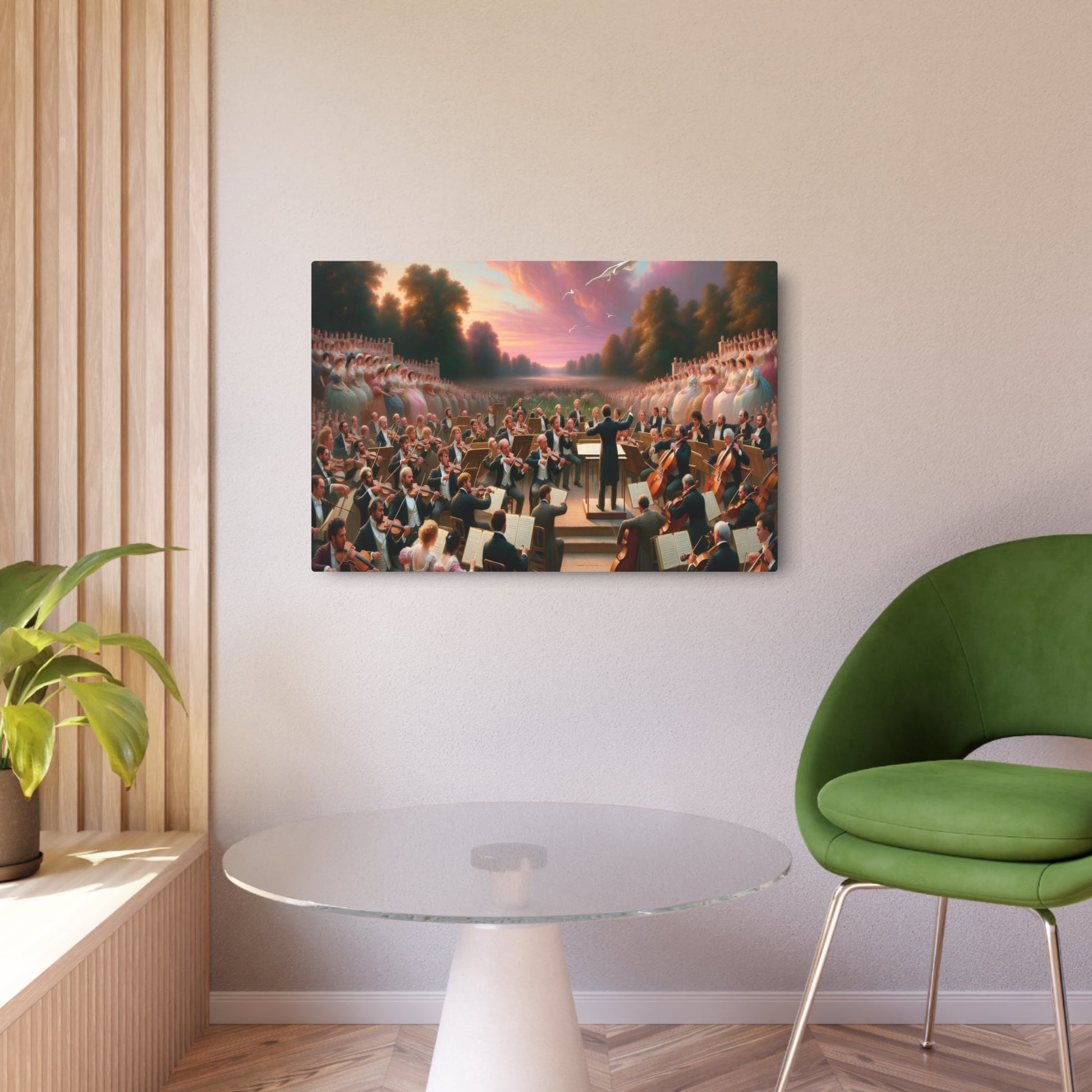 Metal Poster Art | "Romanticism Era Symphony Under Pastel - Pink Sunset - 19th Century Western Art Scene with Orchestra, Grand Piano & Famous Painters" - Metal Poster Art 36″ x 24″ (Horizontal) 0.12''