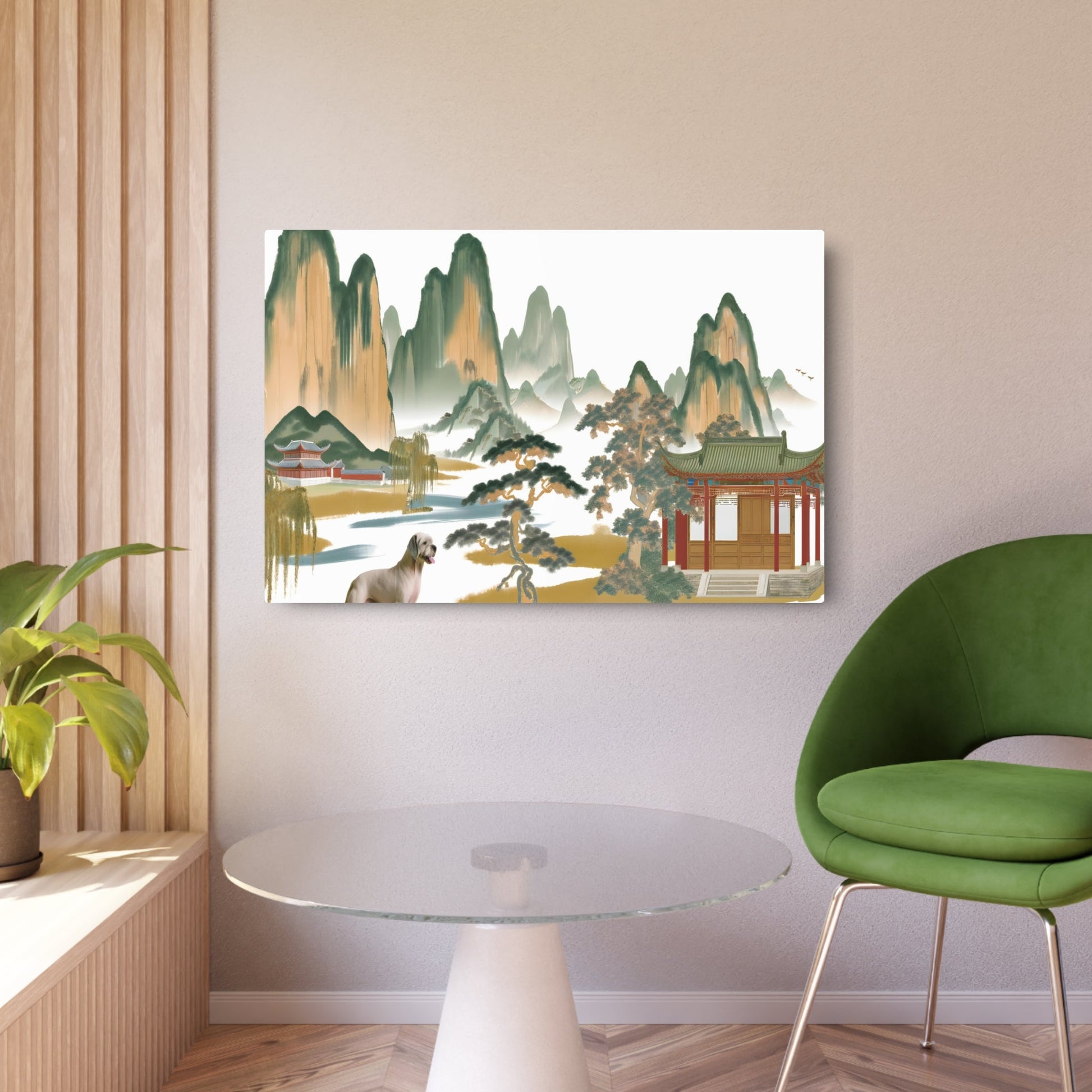 Metal Poster Art | "Traditional Chinese Landscape Painting with Dog, Asian Art Style - Mountain River Trees and Ancient Architecture Design" - Metal Poster Art 36″ x 24″ (Horizontal) 0.12''