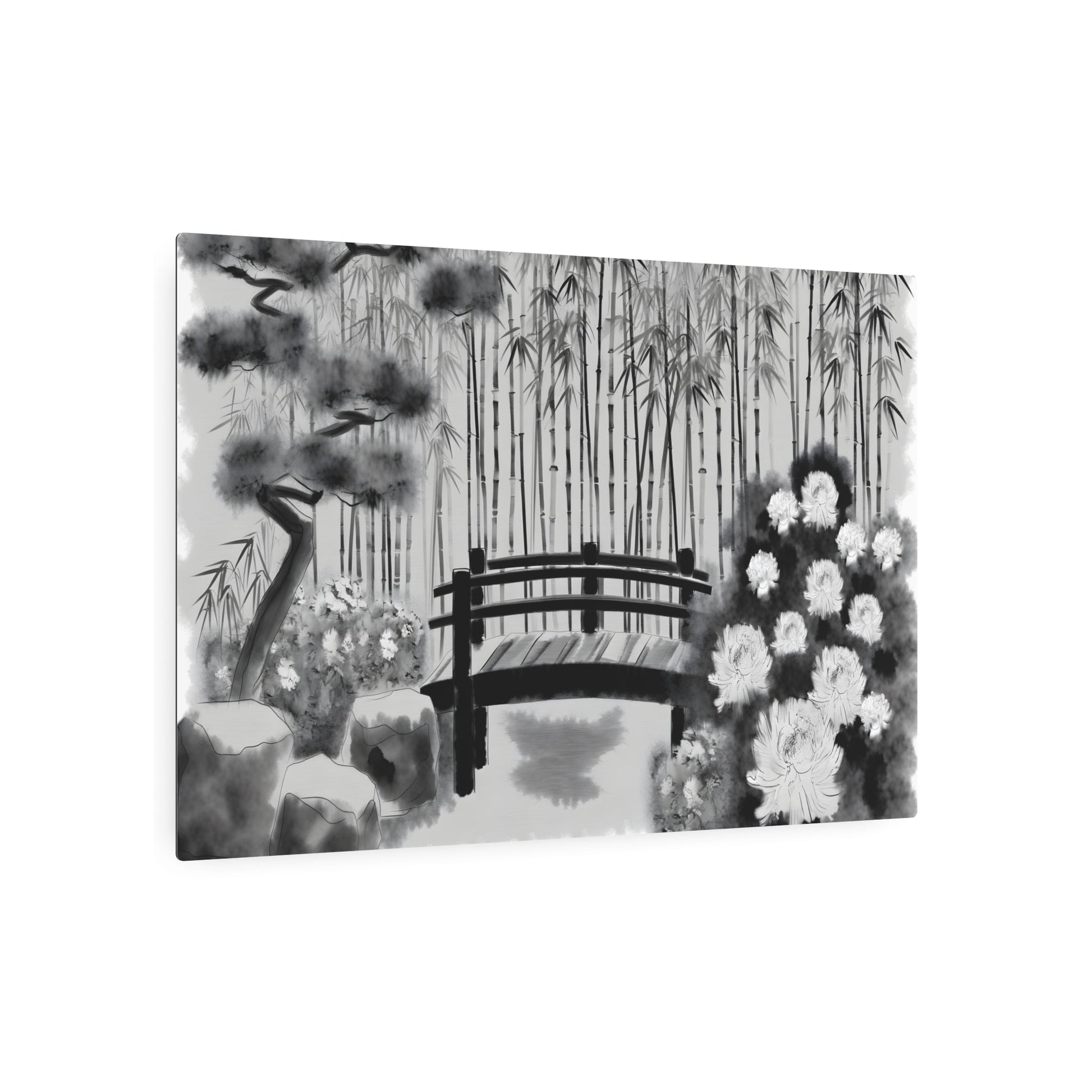 Metal Poster Art | "Sumi-e Japanese Ink Wash Painting - Authentic Asian Art Style Featuring Garden Flowers" - Metal Poster Art 36″ x 24″ (Horizontal) 0.12''