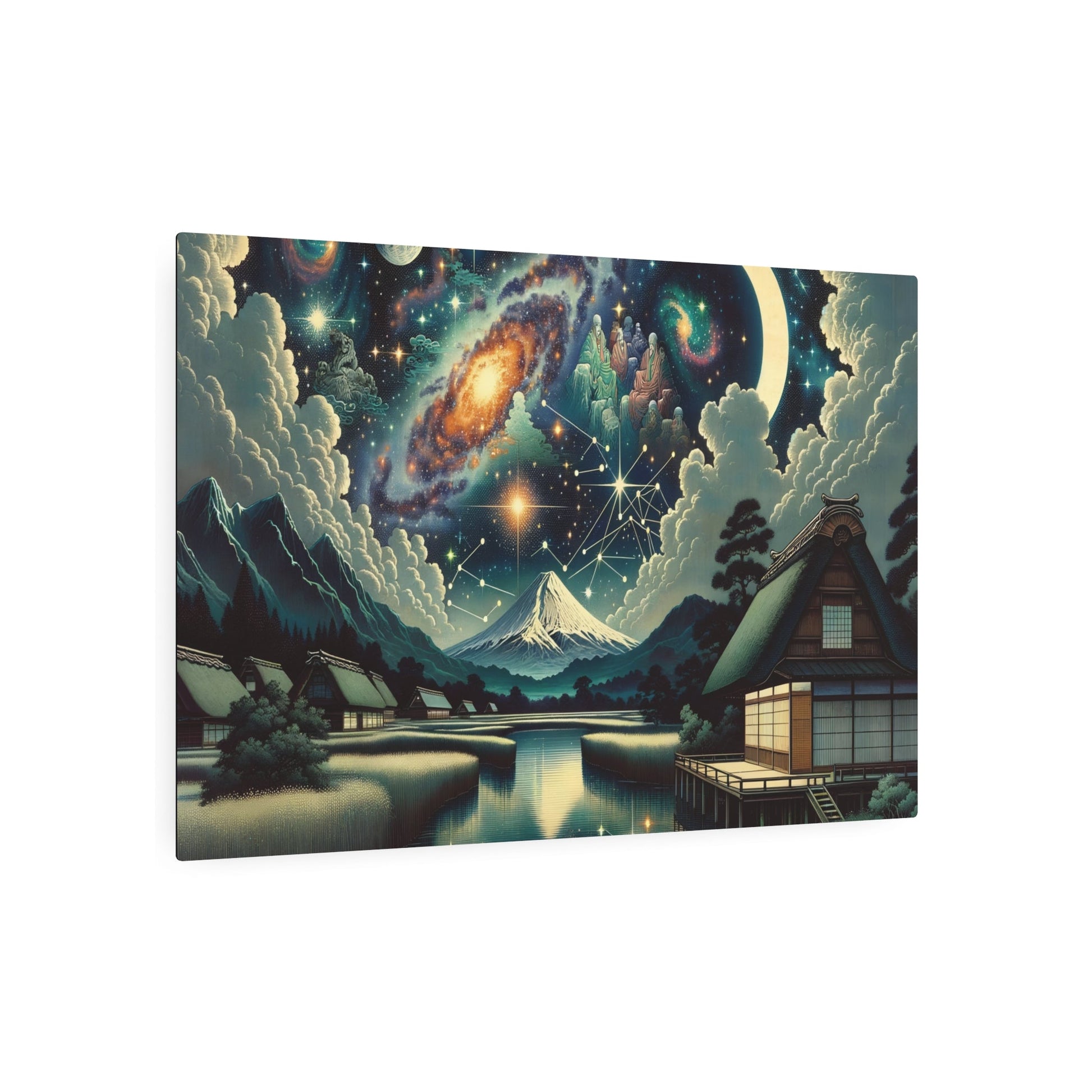 Metal Poster Art | "Ukiyo - e Style Asian Art - Traditional Japanese Countryside Night Sky with Celestial Bodies, Constellations and Crescent Moon" - Metal Poster Art 36″ x 24″ (Horizontal) 0.12''