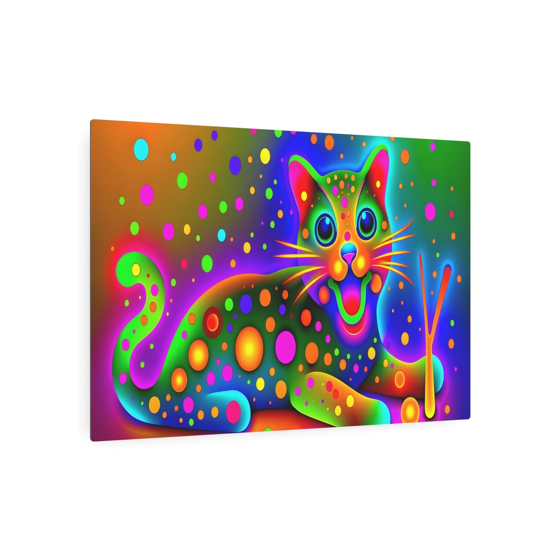 Metal Poster Art | "Vibrant Neon Digital Art: Whimsical Cat in Abstract Surreal Setting - Contemporary Style Glowing Artwork" - Metal Poster Art 36″ x 24″ (Horizontal) 0.12''