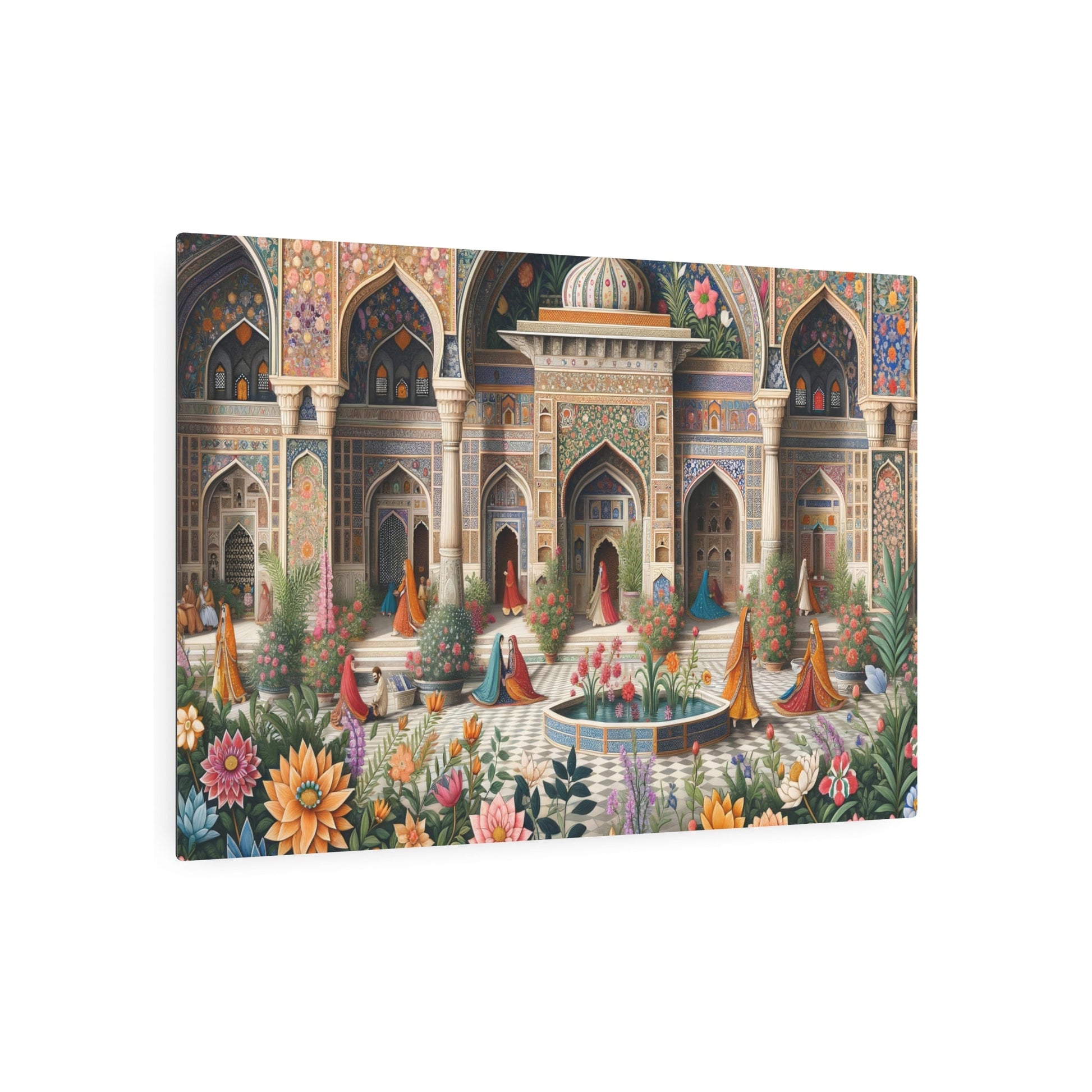 Metal Poster Art | "Mughal Era Masterpiece: Lavish Gardens, Courtyards & Traditional Attire - Intricate South Asian Mughal Miniature Art in - Metal Poster Art 36″ x 24″ (Horizontal) 0.12''