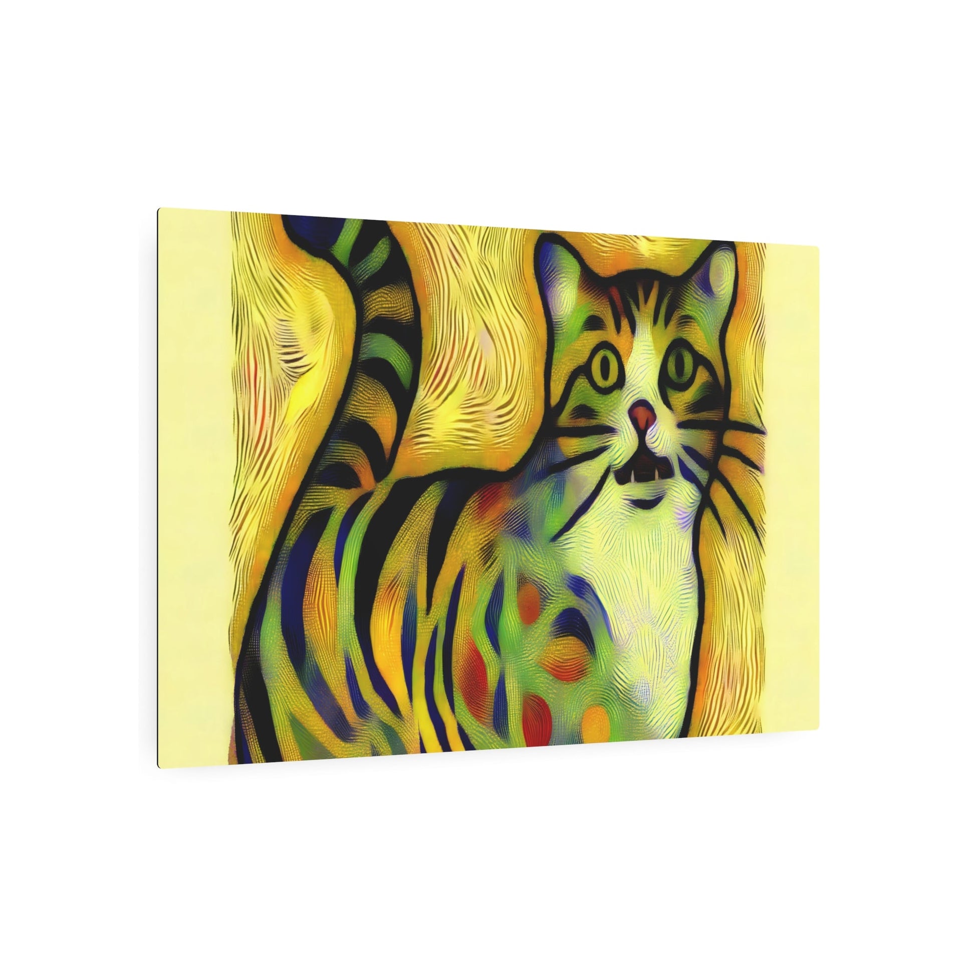 Metal Poster Art | "Modern Pop Art Style Whimsical Cat Image - Bold Lines, Vivid Colors & Patterns - Contemporary Pop Art Cat Illustration in Playful Design - Metal Poster Art 36″ x 24″ (Horizontal) 0.12''