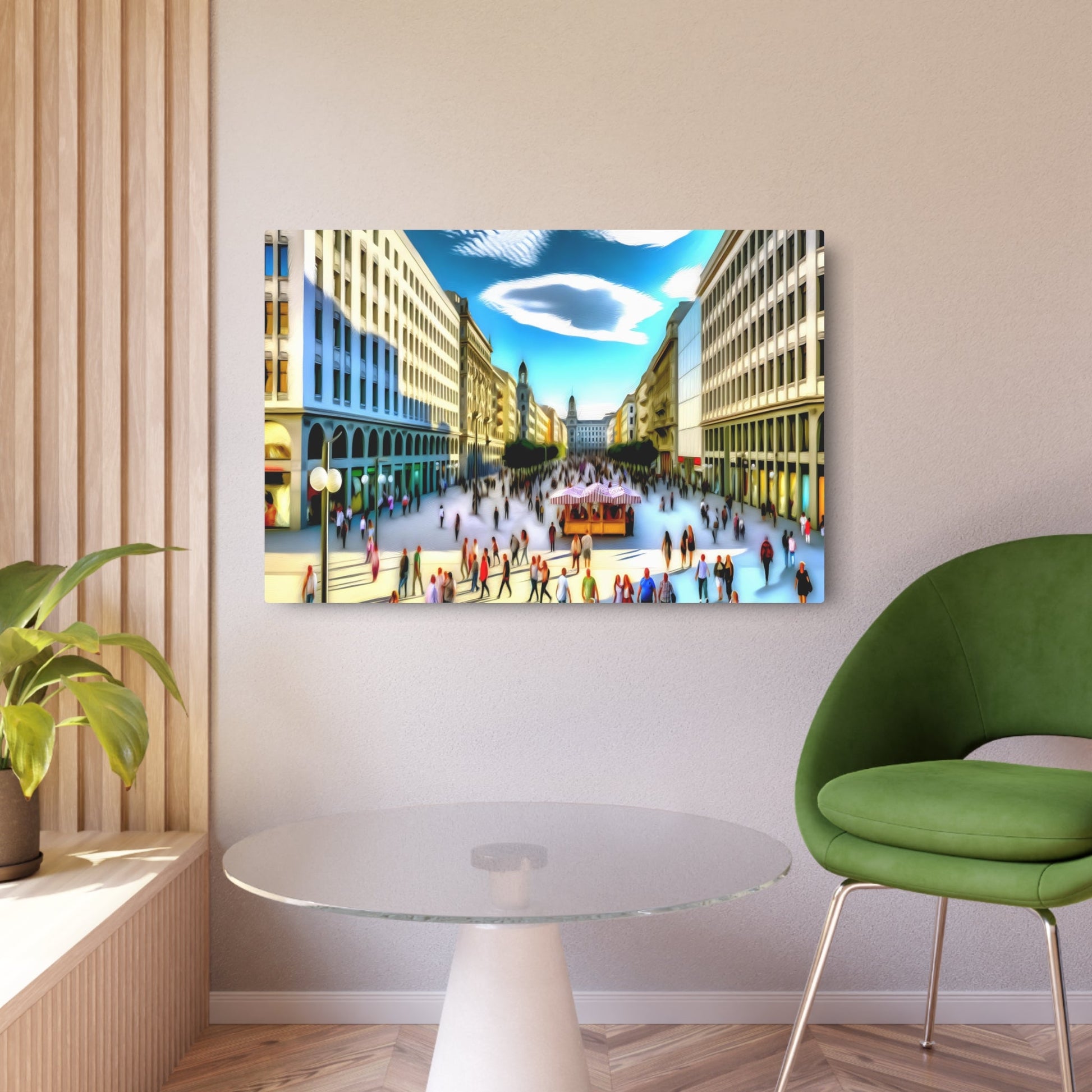 Metal Poster Art | "Realistic Western Art - Vibrant City Street Scene on a Sunny Afternoon, Blend of Modern and Classical Architecture - Realism Painting" - Metal Poster Art 36″ x 24″ (Horizontal) 0.12''