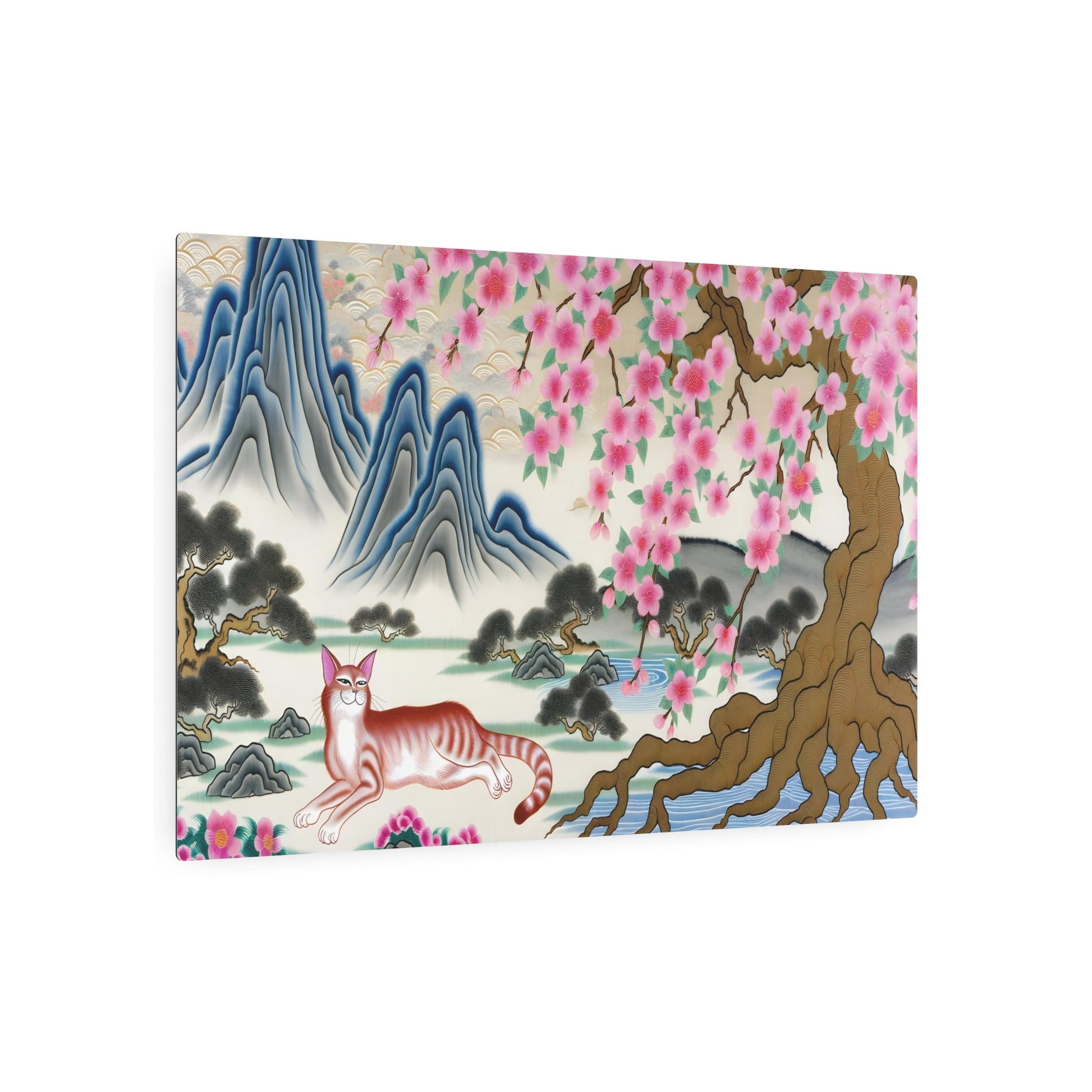 Metal Poster Art | "Traditional Chinese Silk Painting: Serene Landscape with Elegant Feline under Cherry Blossom Tree - Authentic Asian Art in Soft and Fluid Style" - Metal Poster Art 36″ x 24″ (Horizontal) 0.12''