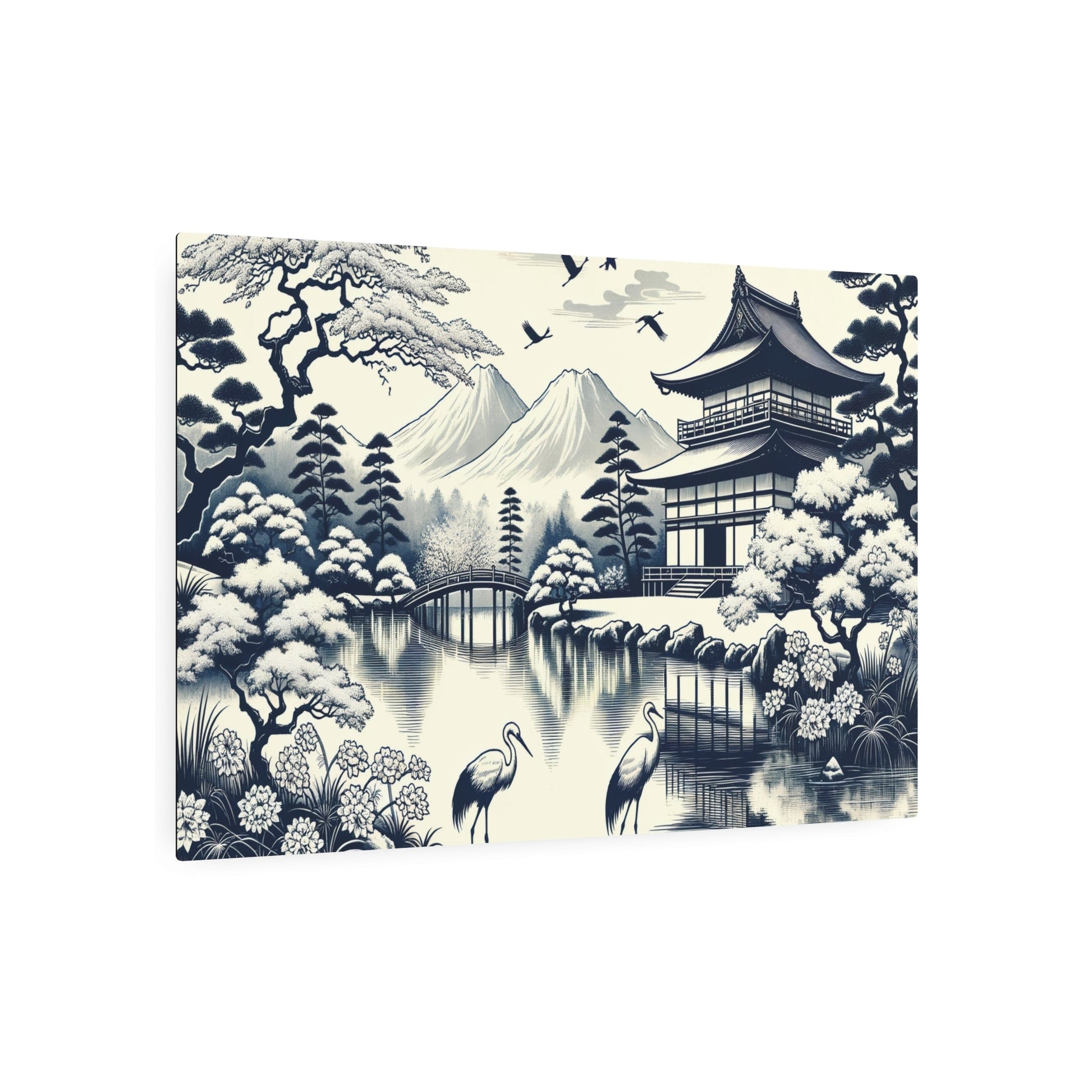 Metal Poster Art | "Kano School Inspired Asian Art: Serene Japanese Landscape with Cherry Blossom Trees, Tranquil Pond, and Elegant Cranes - Monochromatic - Metal Poster Art 36″ x 24″ (Horizontal) 0.12''