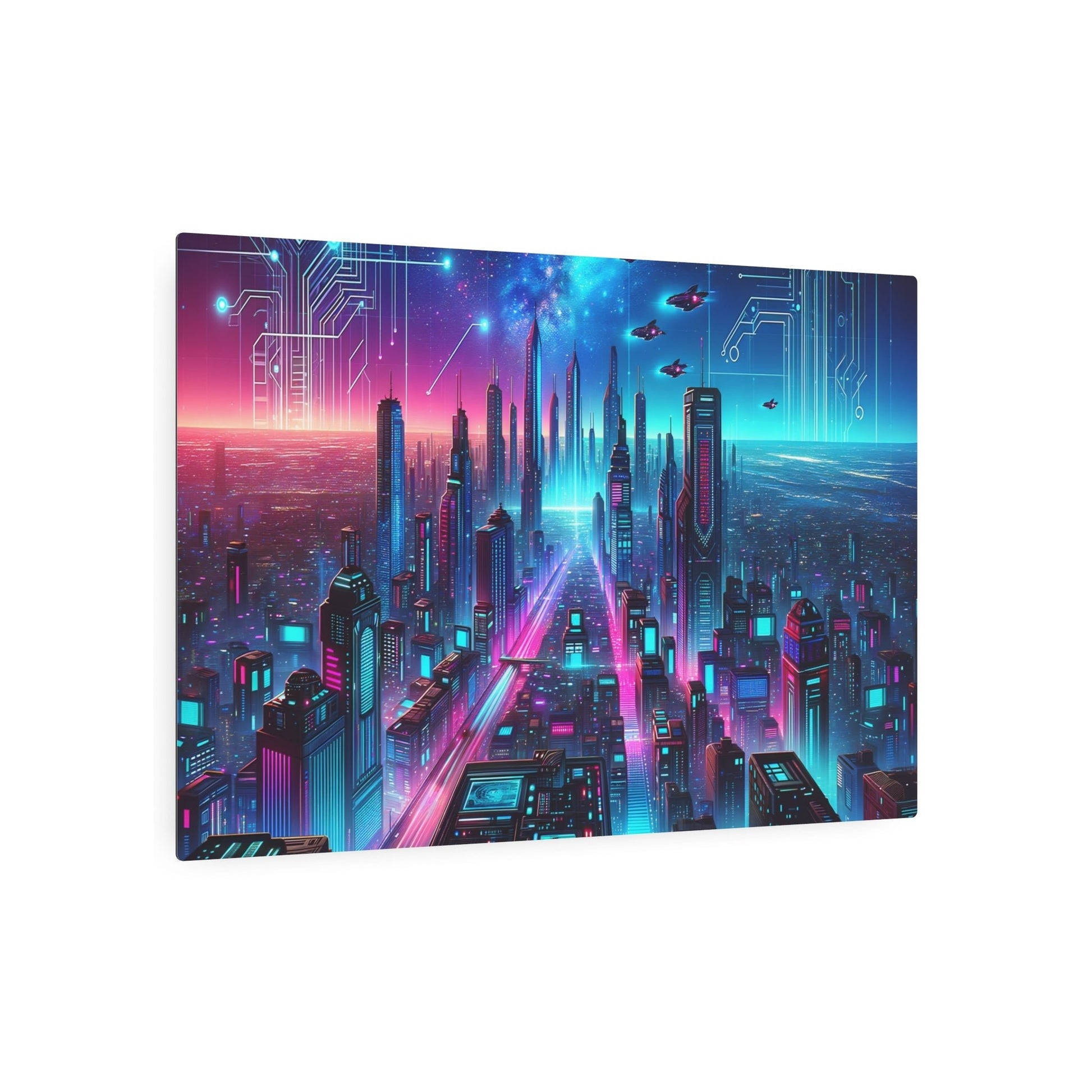 Metal Poster Art | "Futuristic Cityscape Under Neon Sky - Modern Contemporary Digital Art by Dalle - 3" - Metal Poster Art 36″ x 24″ (Horizontal) 0.12''